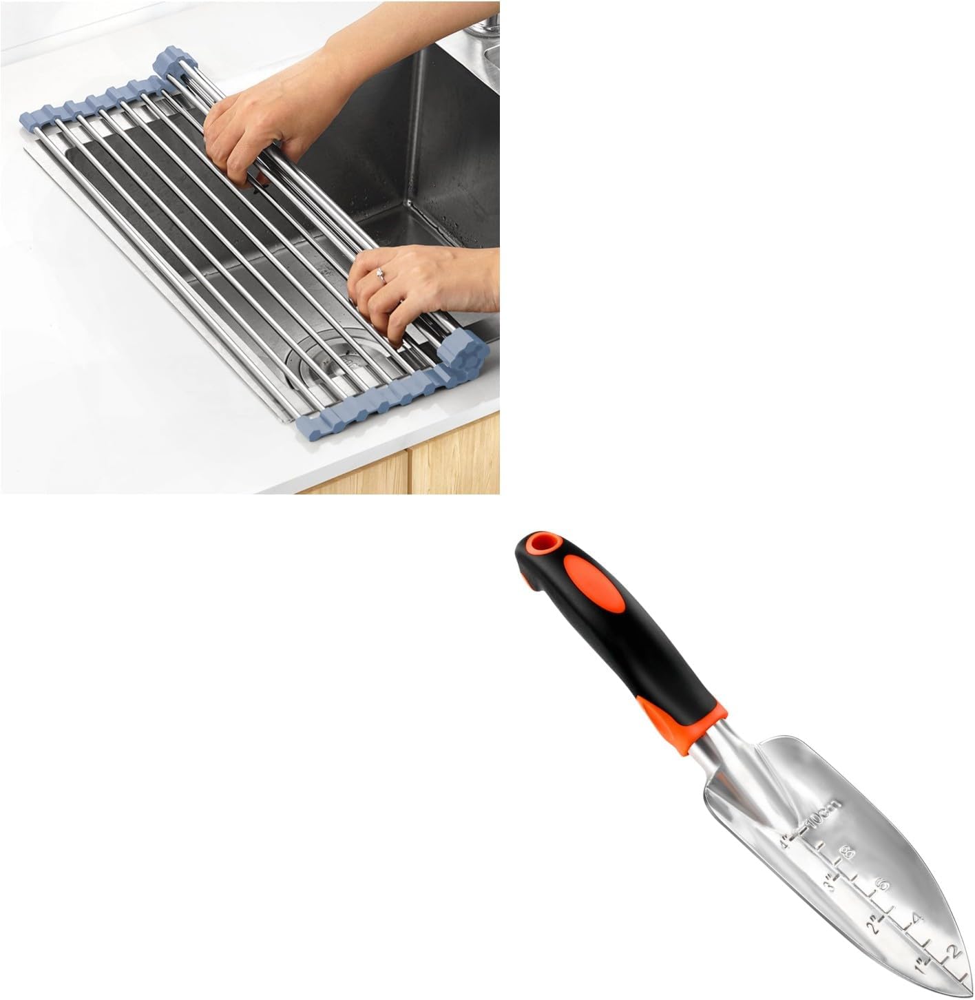 Over The Sink Dish Drying Rack, Roll Up Dish Drying Rack + Garden Shovel Trowel Garden Tool with Measurement Mark - Image 1