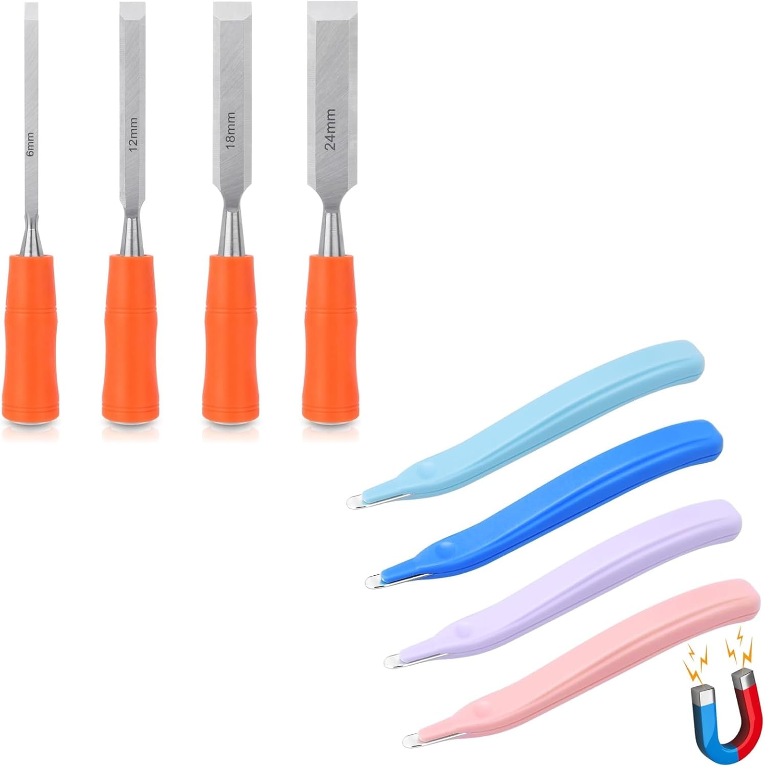 4 Piece Wood Chisel Sets Woodworking Tools Set, Wood Chisels for Woodworking with Steel Hammer End+ 4 Pack Magnetic Staple Remover Tools - Image 1