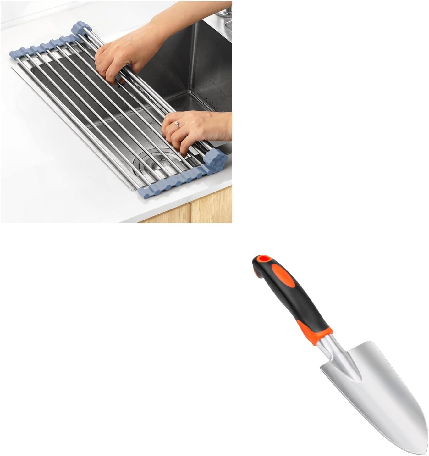 Garden Shovel Garden Hand Trowel, Heavy Duty Hand Shovel with Ergonomic Handle + Over The Sink Dish Drying Rack, Roll Up Dish Drying Rack Kitchen Dish Rack - Image 1
