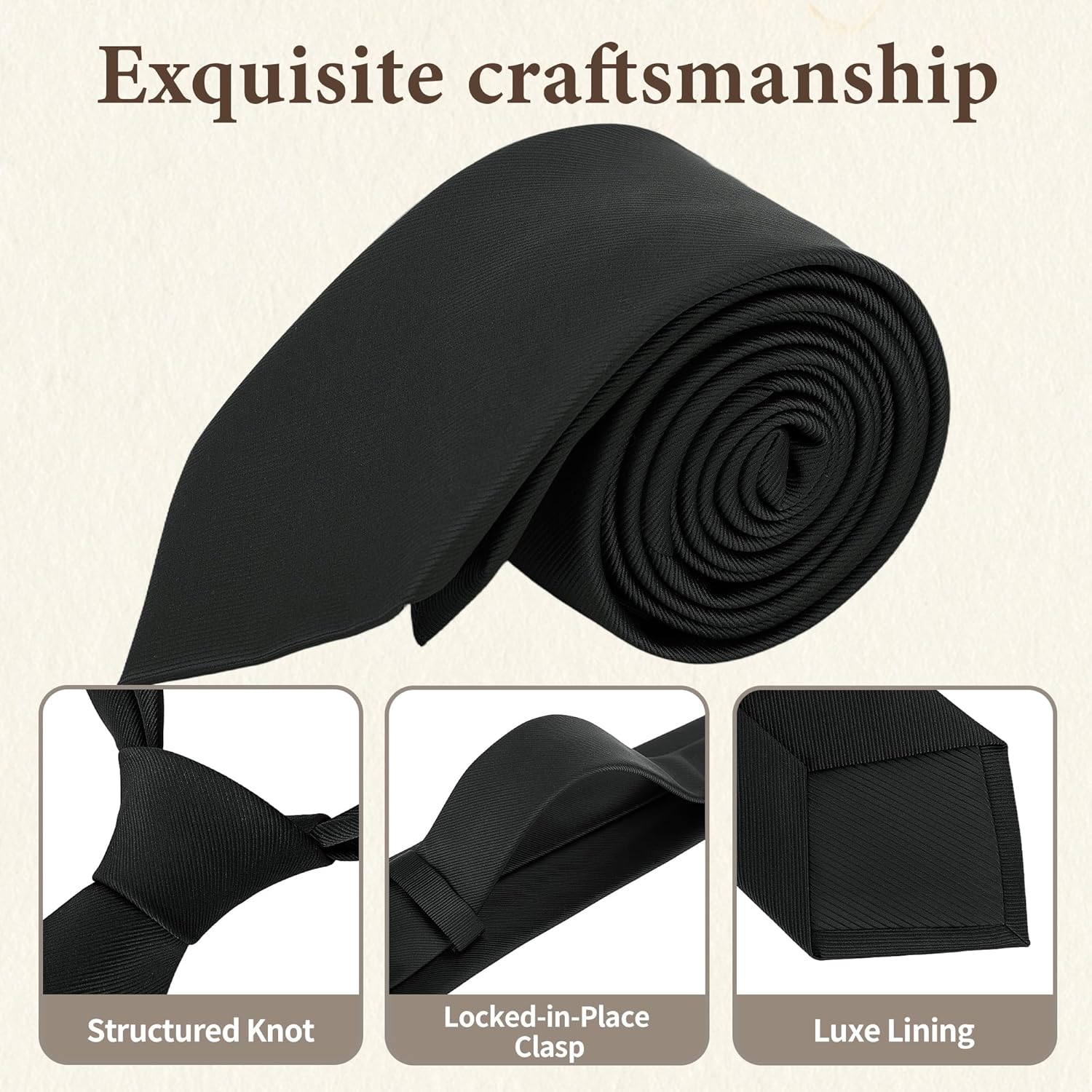Ties for Men, Solid Color Neckties, Mens Black Tie, Neck Ties Formal for Wedding, Business, Party - Image 3
