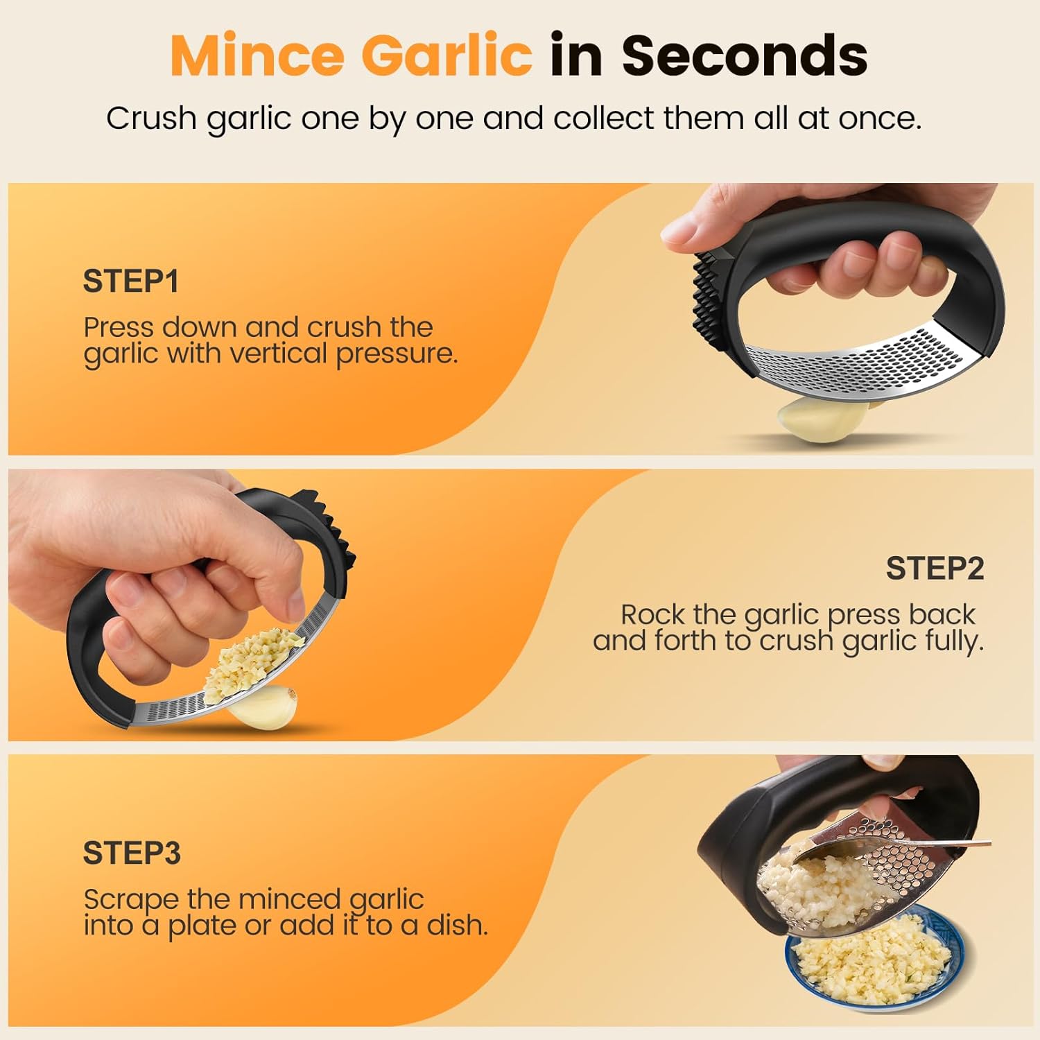 Garlic Press Rocker Set with Garlic Peeler & Cleaning Brush,Stainless Steel Garlic Mincer Crusher,Easy Kitchen Gadget for Effortless Smashing,Kitchen Essentials,Home and Kitchen Utensils Accessories - Image 3