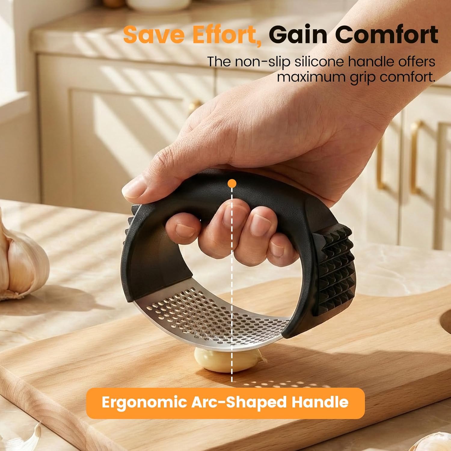 Garlic Press Rocker Set with Garlic Peeler & Cleaning Brush,Stainless Steel Garlic Mincer Crusher,Easy Kitchen Gadget for Effortless Smashing,Kitchen Essentials,Home and Kitchen Utensils Accessories - Image 5