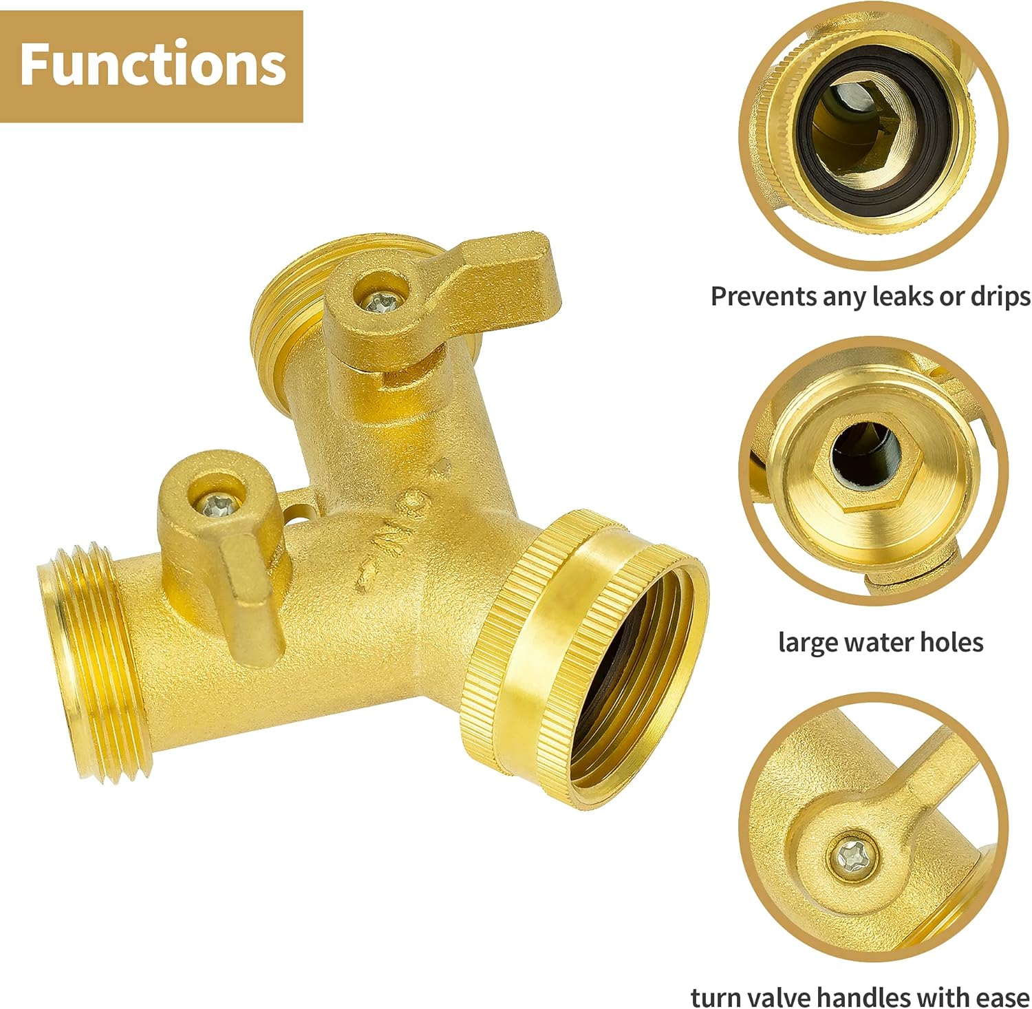 Hose Splitter 2 Way, Garden Hose Splitter, 100% Rustproof Brass Water Hose Splitter with Adjustable Flow Valves, Seamless Design & 2 Extra Rubber Washers - 3/4
