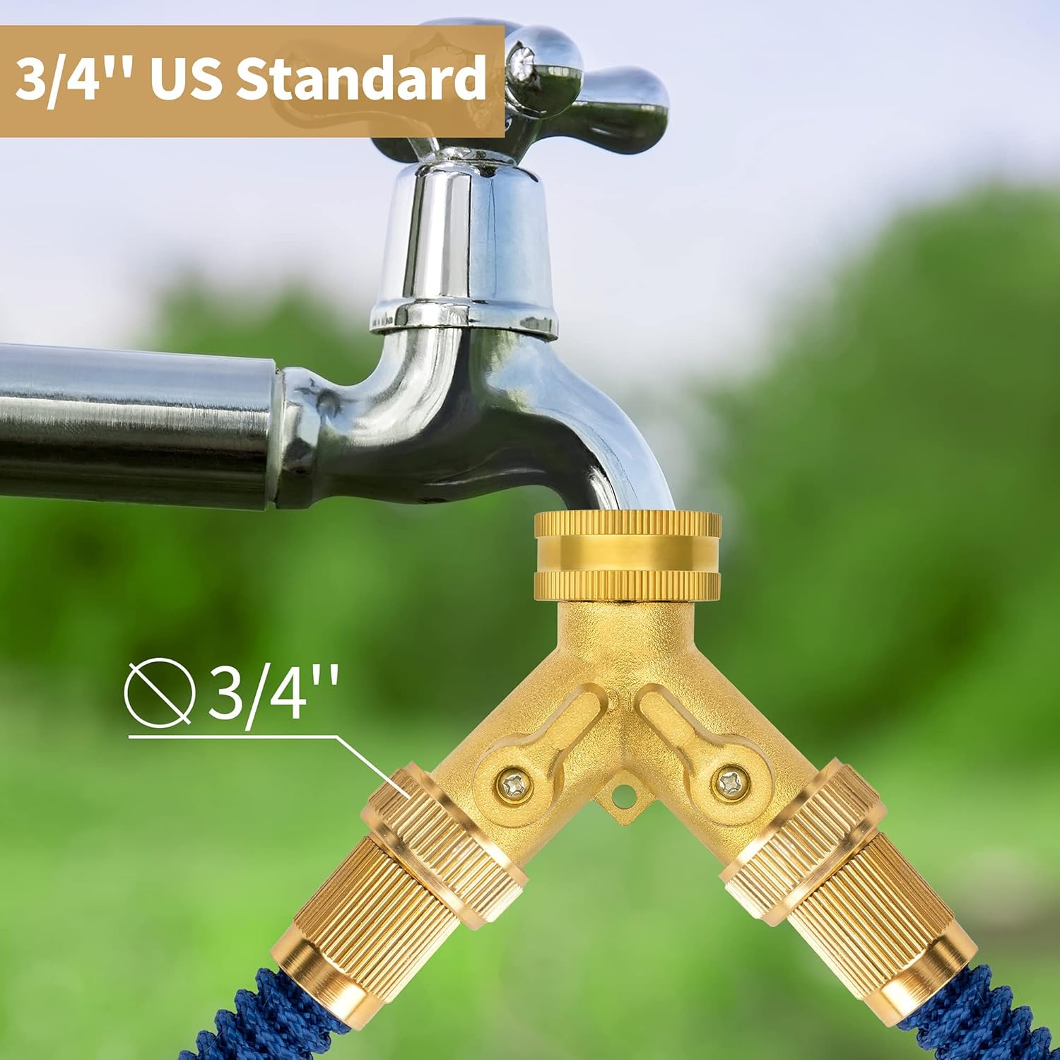 Hose Splitter 2 Way, Garden Hose Splitter, 100% Rustproof Brass Water Hose Splitter with Adjustable Flow Valves, Seamless Design & 2 Extra Rubber Washers - 3/4