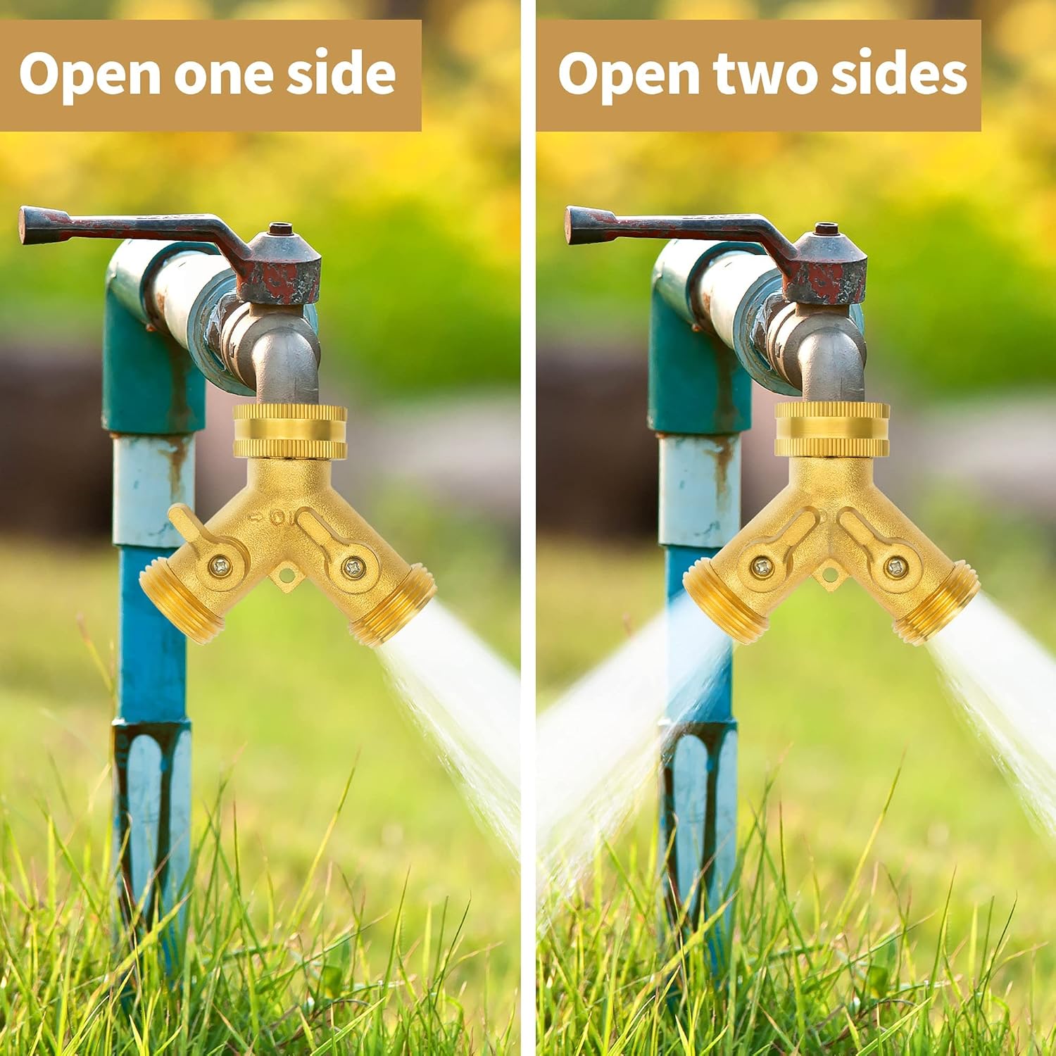 Hose Splitter 2 Way, Garden Hose Splitter, 100% Rustproof Brass Water Hose Splitter with Adjustable Flow Valves, Seamless Design & 2 Extra Rubber Washers - 3/4