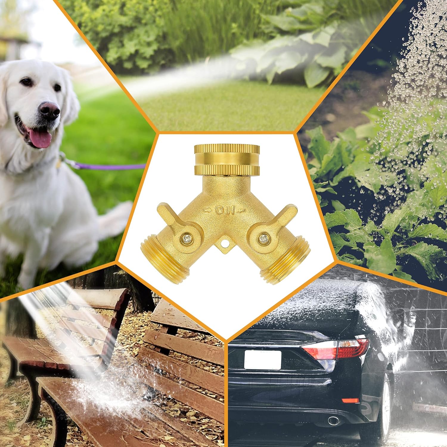 Hose Splitter 2 Way, Garden Hose Splitter, 100% Rustproof Brass Water Hose Splitter with Adjustable Flow Valves, Seamless Design & 2 Extra Rubber Washers - 3/4