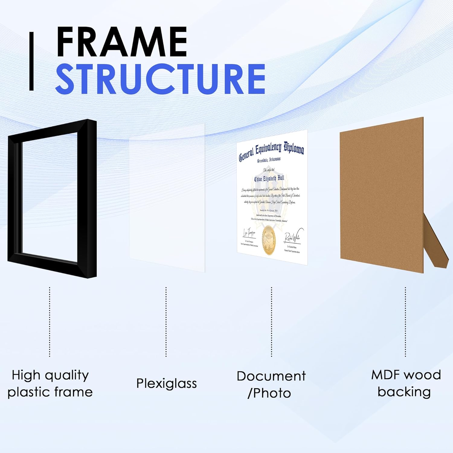 8.5x11 Diploma Frame, Black Picture Frame with Clear Plexiglass, 2 Pack Certificate Frame for Tabletop or Wall Display, 8.5x11 Document Frame, High School Diploma Frames - Image 3