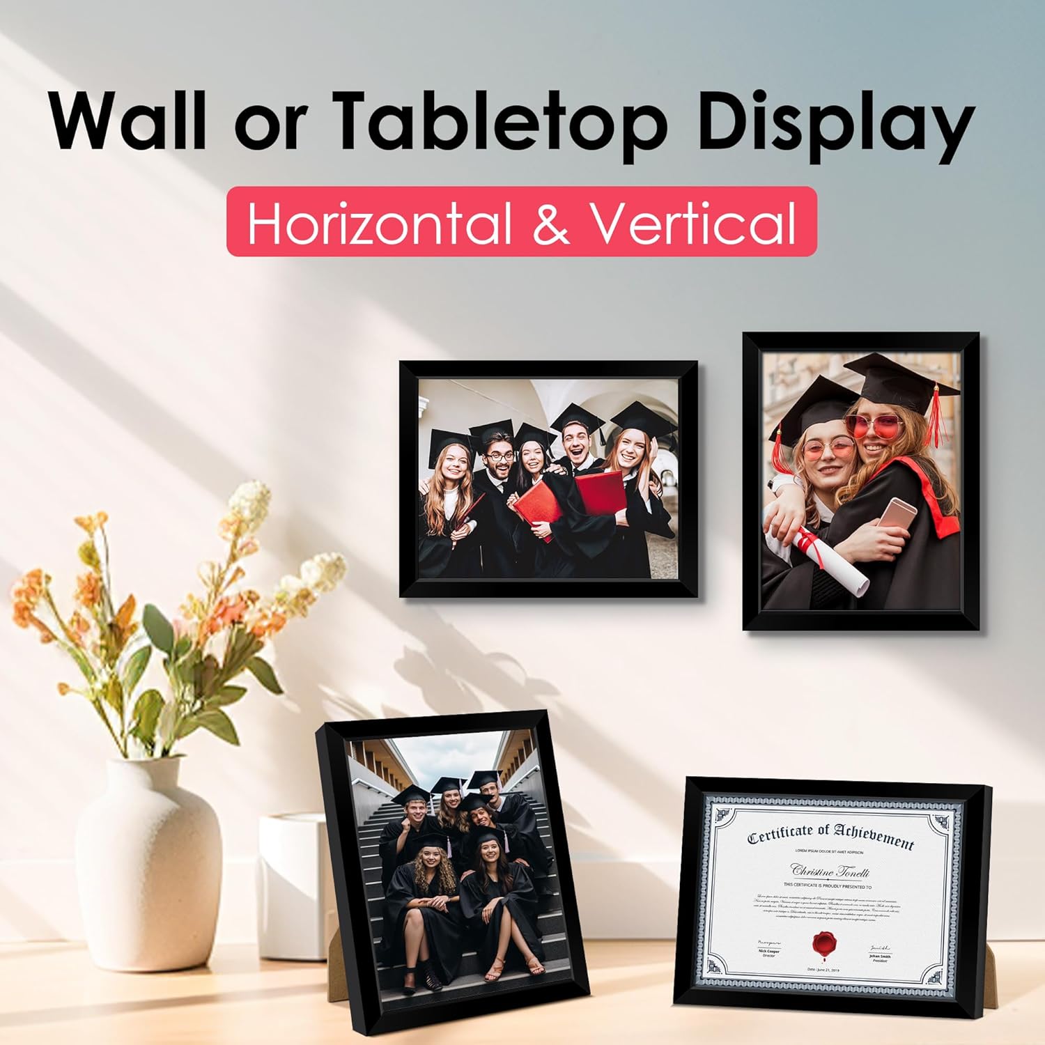 8.5x11 Diploma Frame, Black Picture Frame with Clear Plexiglass, 2 Pack Certificate Frame for Tabletop or Wall Display, 8.5x11 Document Frame, High School Diploma Frames - Image 5