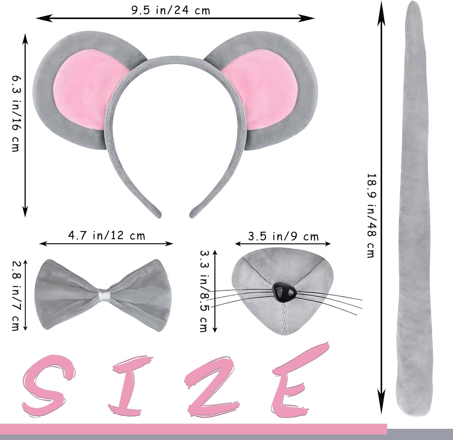 Mouse Costume Accessory Set,Rat Costume Set,Mouse Costume Set Includes Ear Headband,Tail,Nose,Bow Tie for Halloween - Image 2