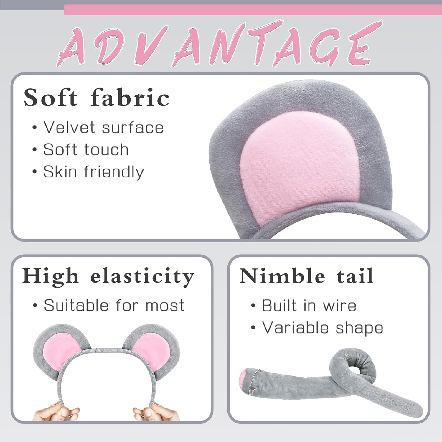 Mouse Costume Accessory Set,Rat Costume Set,Mouse Costume Set Includes Ear Headband,Tail,Nose,Bow Tie for Halloween - Image 3