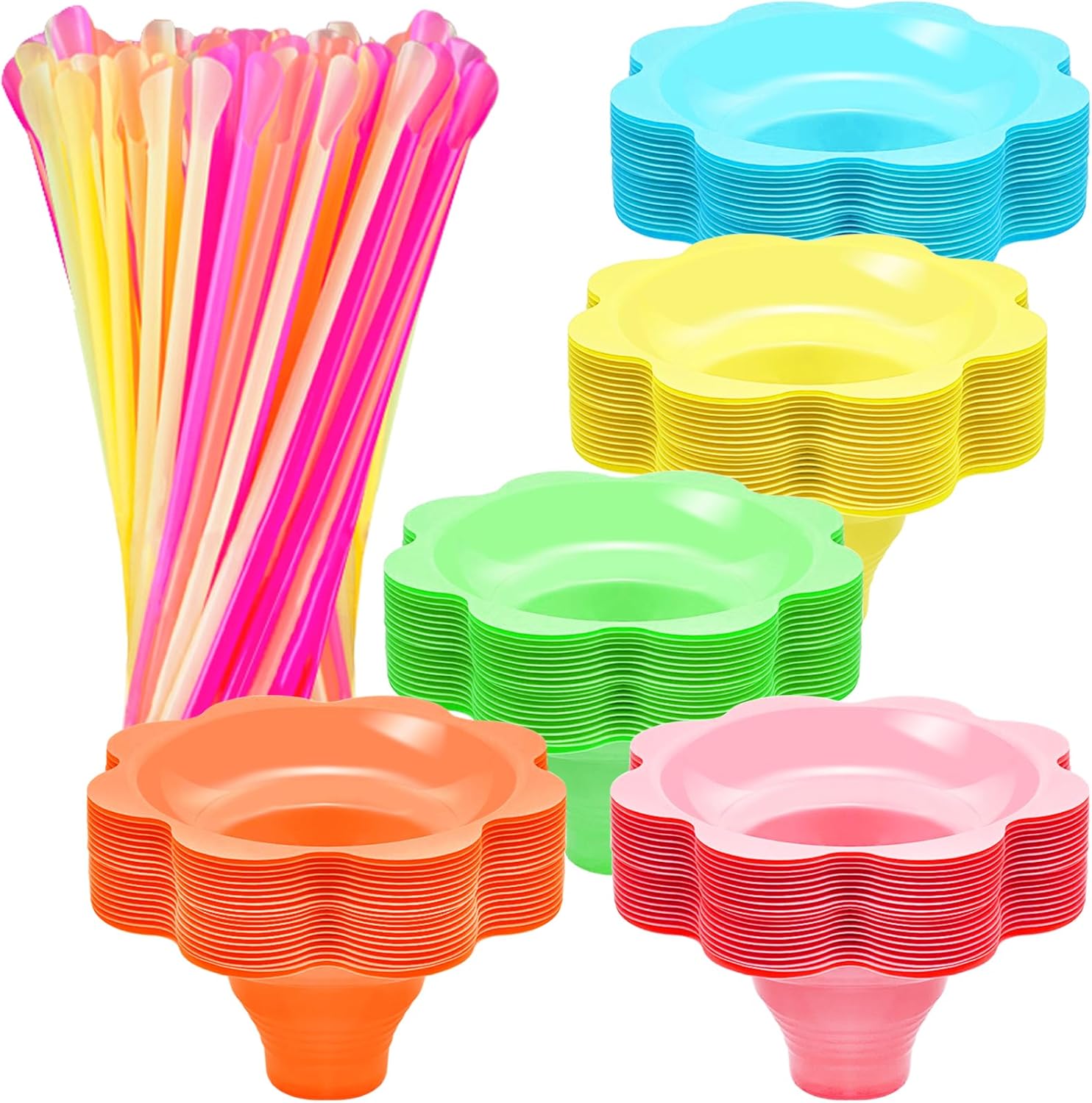 200 Pcs Colorful Snow Cone Cups with Spoon Straws,Flower Shaped Ice Cream Cup,Plastic Cone Snacks Cups for Summer Holiday,Party Trifle and Shaved Ice - Image 1
