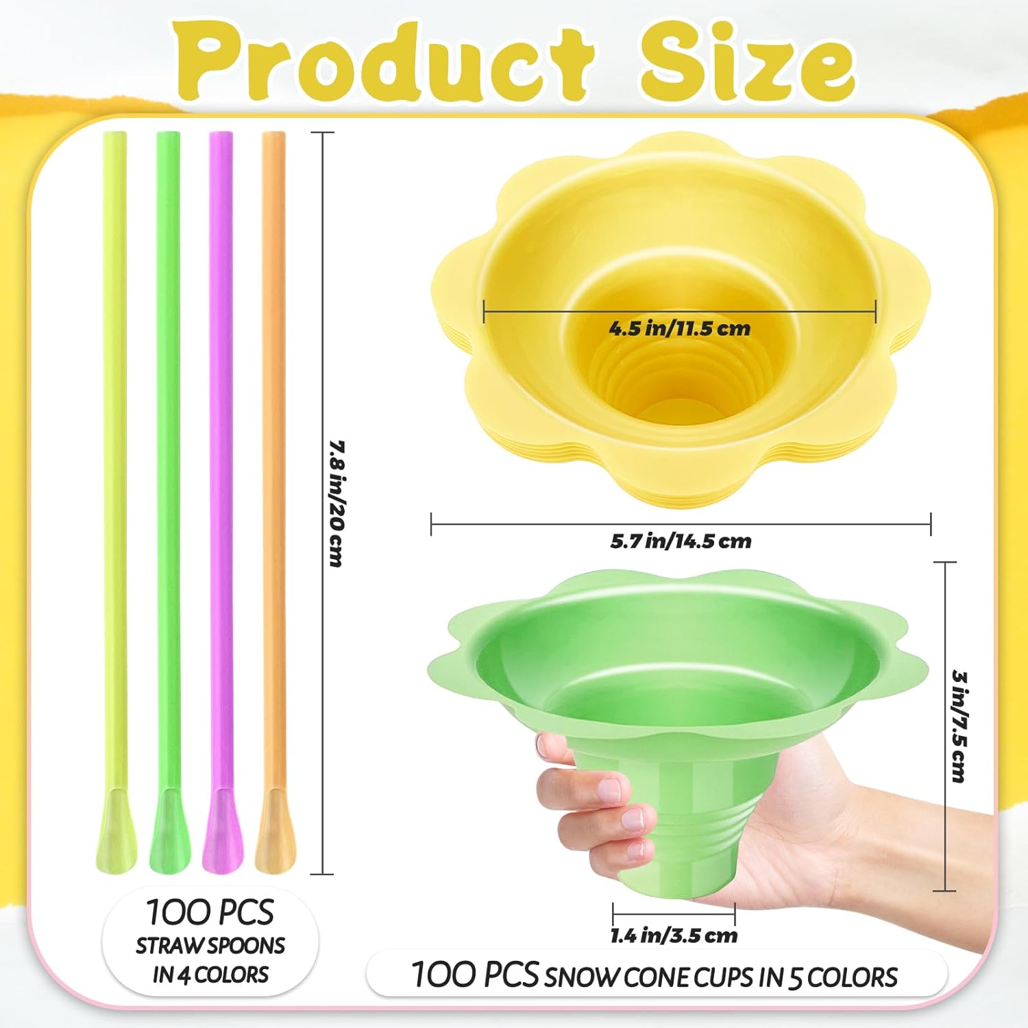 200 Pcs Colorful Snow Cone Cups with Spoon Straws,Flower Shaped Ice Cream Cup,Plastic Cone Snacks Cups for Summer Holiday,Party Trifle and Shaved Ice - Image 2