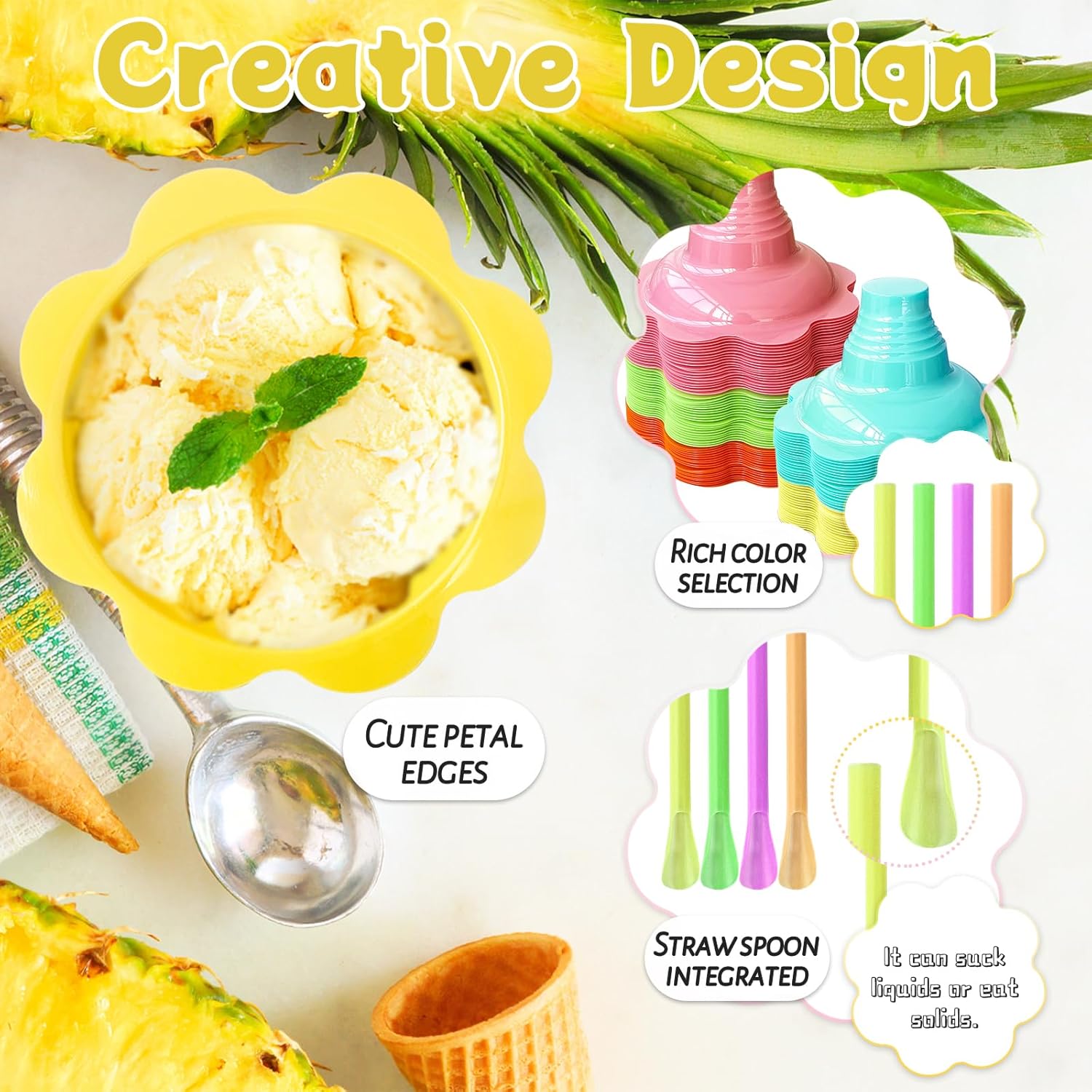 200 Pcs Colorful Snow Cone Cups with Spoon Straws,Flower Shaped Ice Cream Cup,Plastic Cone Snacks Cups for Summer Holiday,Party Trifle and Shaved Ice - Image 3