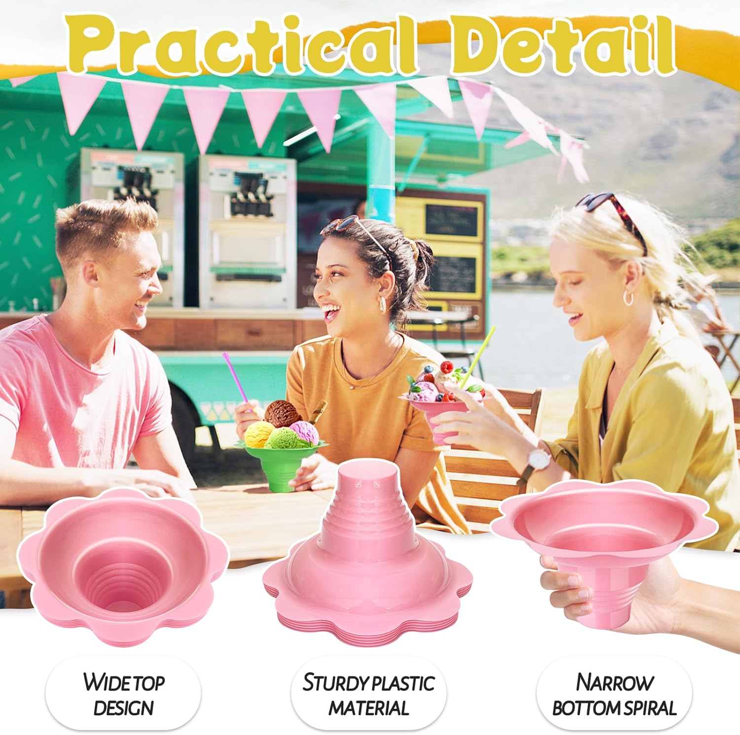 200 Pcs Colorful Snow Cone Cups with Spoon Straws,Flower Shaped Ice Cream Cup,Plastic Cone Snacks Cups for Summer Holiday,Party Trifle and Shaved Ice - Image 4