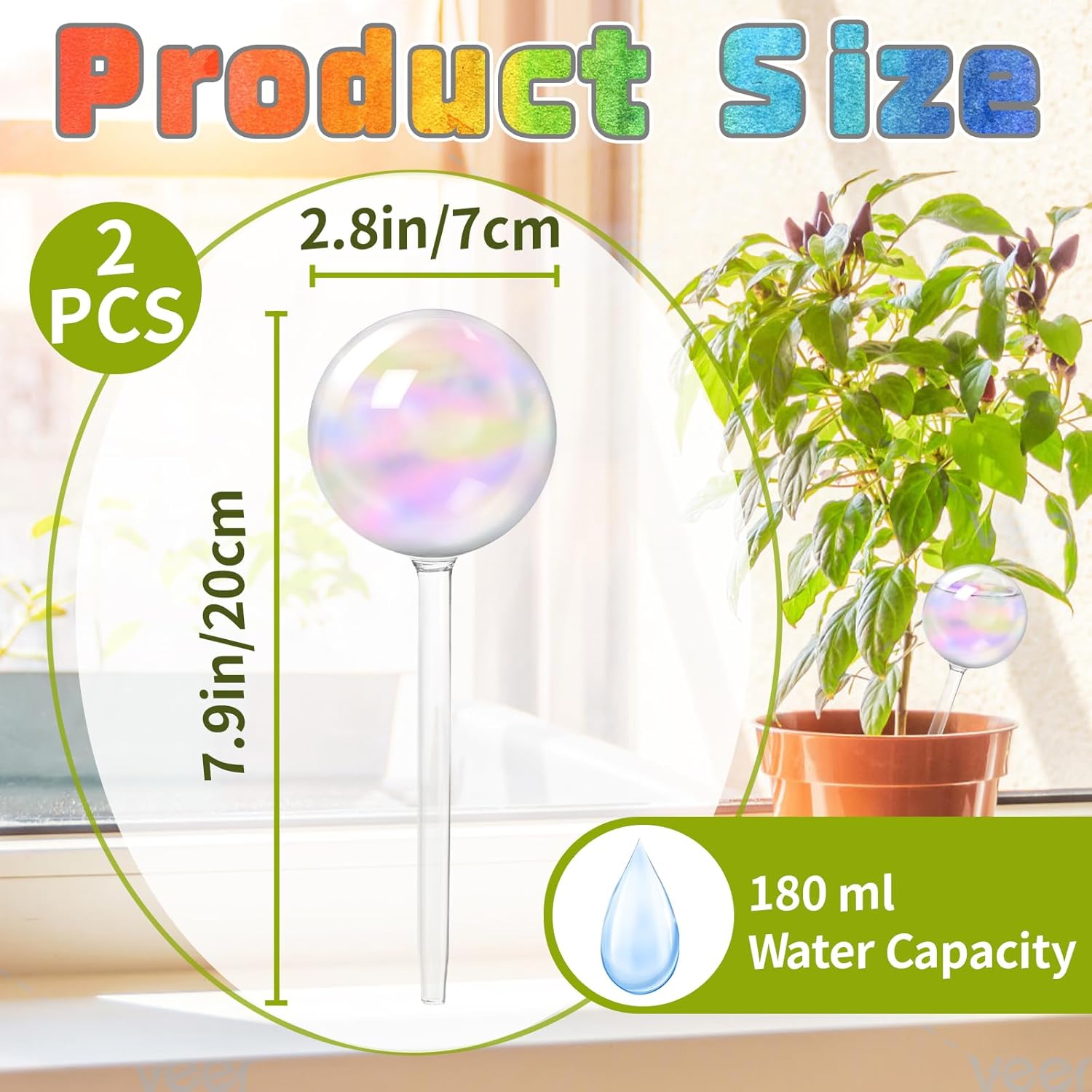 2 Pcs Iridescent Self Watering Globes,Rainbow Plant Watering Insert,Automatic Plant Waterer Glass Bulbs,Clear Glass Plant Water Globes for Indoor and Outdoor - Image 2