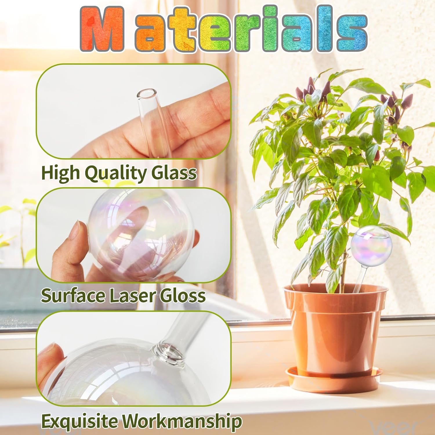 2 Pcs Iridescent Self Watering Globes,Rainbow Plant Watering Insert,Automatic Plant Waterer Glass Bulbs,Clear Glass Plant Water Globes for Indoor and Outdoor - Image 3