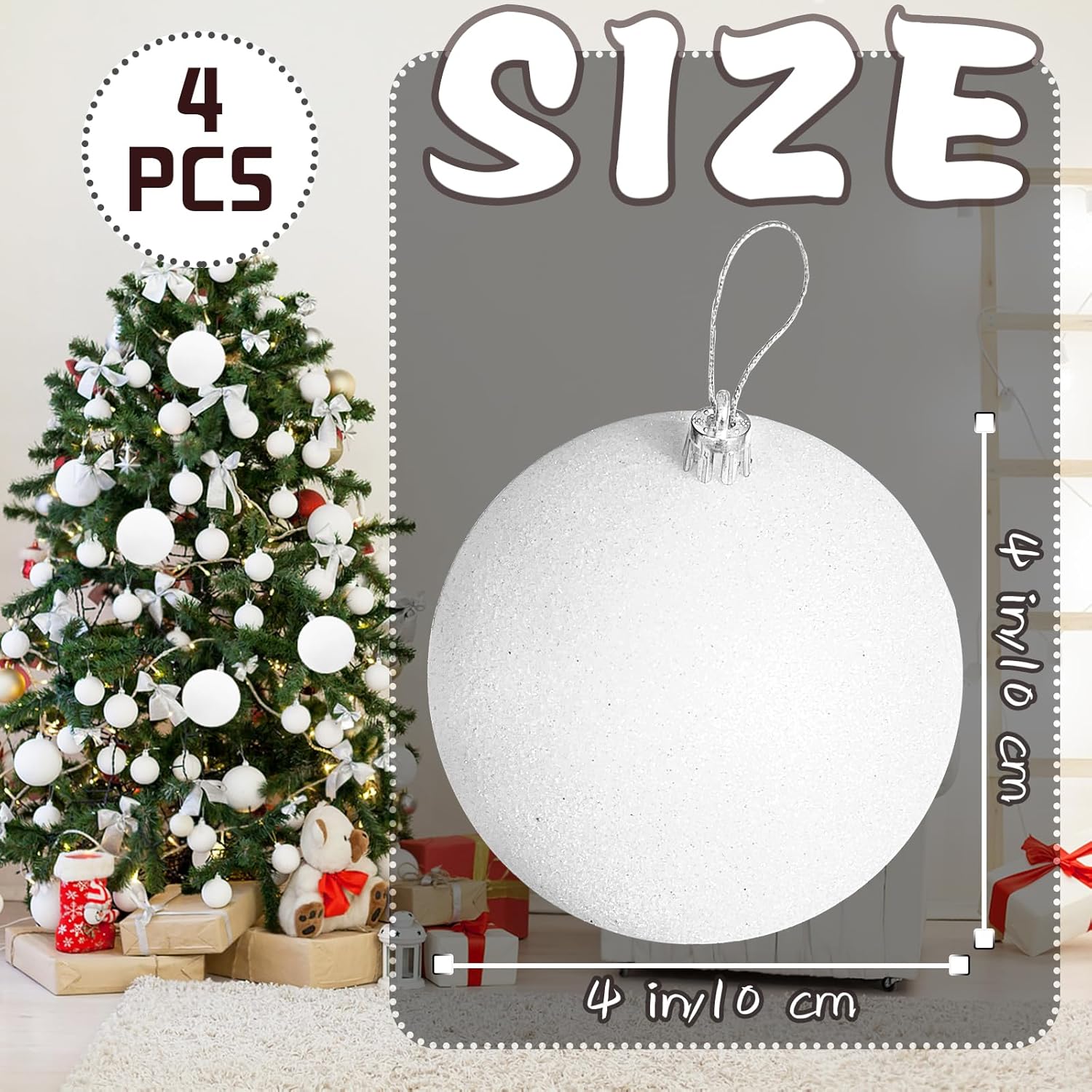 Large 4 in White Glitter Christmas Ornament Balls(4 Pcs),Xmas Sequin Christmas Ball,White Sparkly Hanging Ball Ornament for Tree Home Wedding Party Decor,Winter Theme Tree Decoration - Image 2