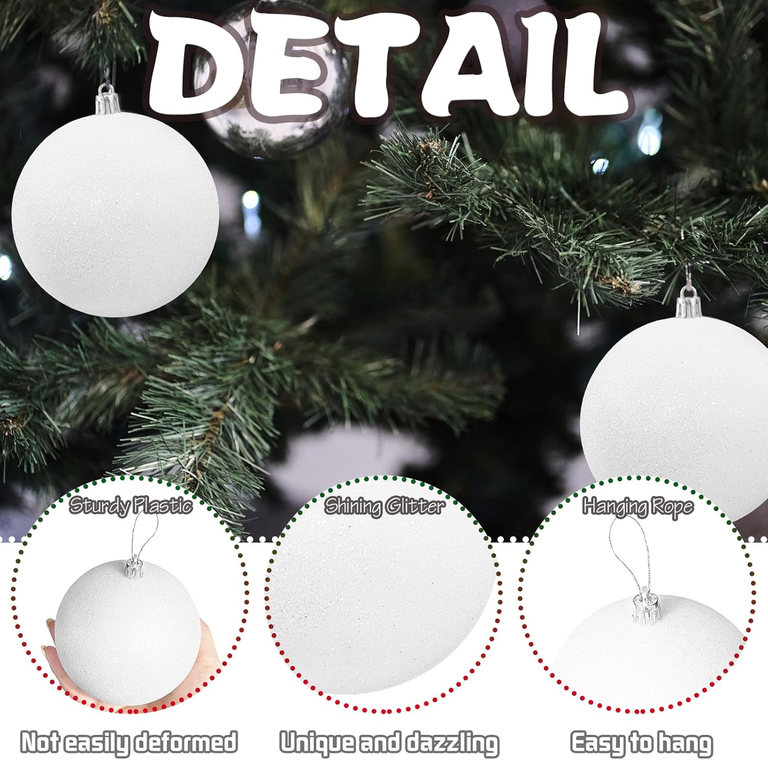 Large 4 in White Glitter Christmas Ornament Balls(4 Pcs),Xmas Sequin Christmas Ball,White Sparkly Hanging Ball Ornament for Tree Home Wedding Party Decor,Winter Theme Tree Decoration - Image 3