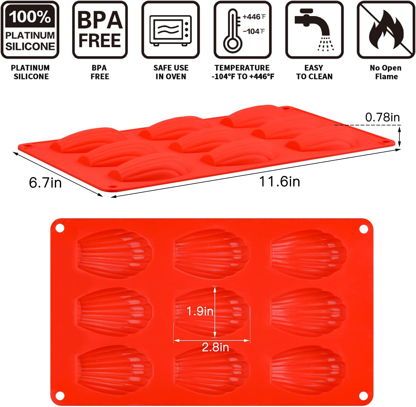 Silicone Madeleine Pans - 9 Cups Madeleine Mold for Small Cake, Chocolate, Cookies Pack of 2 - Image 3