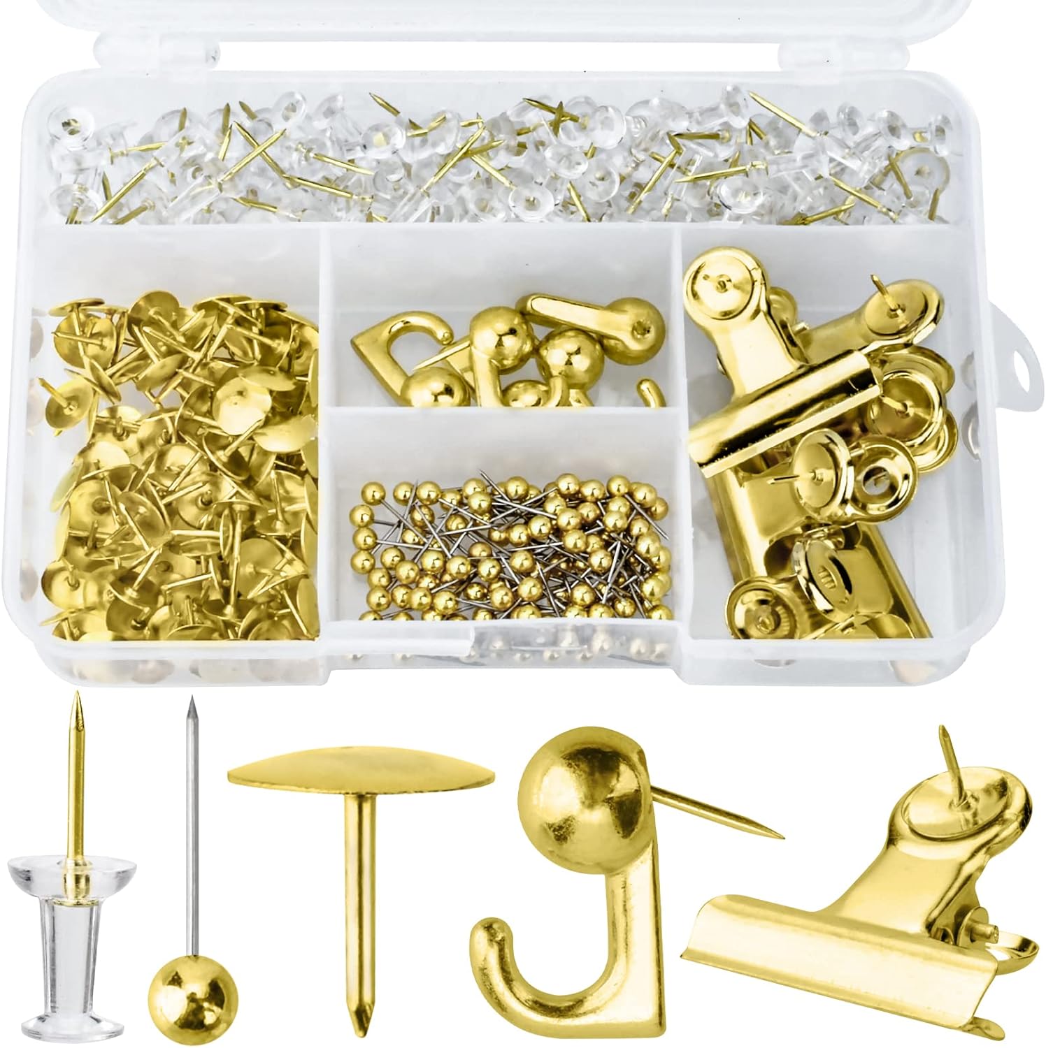 Gold Push Pin Kit 310 Pcs Decorative Thumb Tacks with Push Pin Hook Pushpin for Cork Board Bulletin Board Office Wall - 5 Style - Image 1