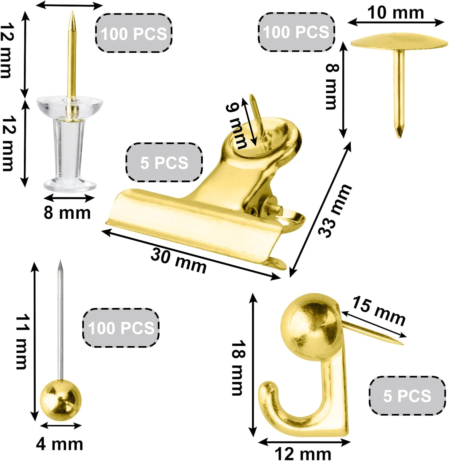 Gold Push Pin Kit 310 Pcs Decorative Thumb Tacks with Push Pin Hook Pushpin for Cork Board Bulletin Board Office Wall - 5 Style - Image 2