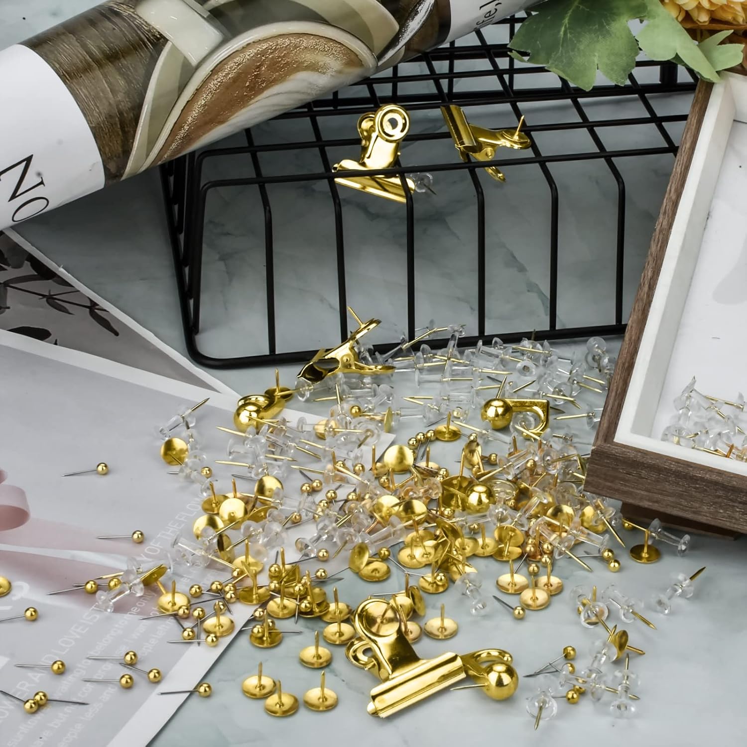 Gold Push Pin Kit 310 Pcs Decorative Thumb Tacks with Push Pin Hook Pushpin for Cork Board Bulletin Board Office Wall - 5 Style - Image 3