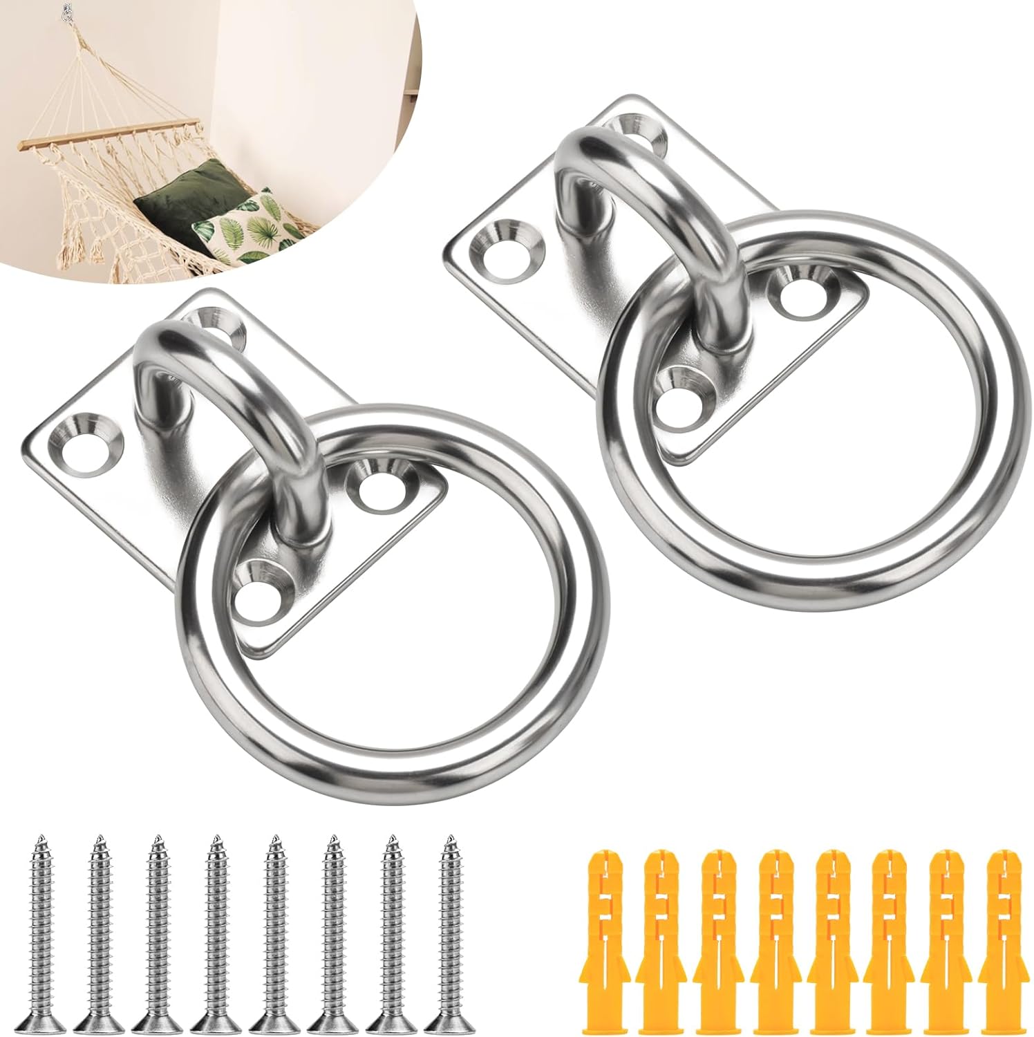 AccEncy 2Pcs M8 Stainless Steel Extra Large Heavy Duty Ring and Square Wall Mount Ceiling Indoor/Outdoor Hooks - Image 1