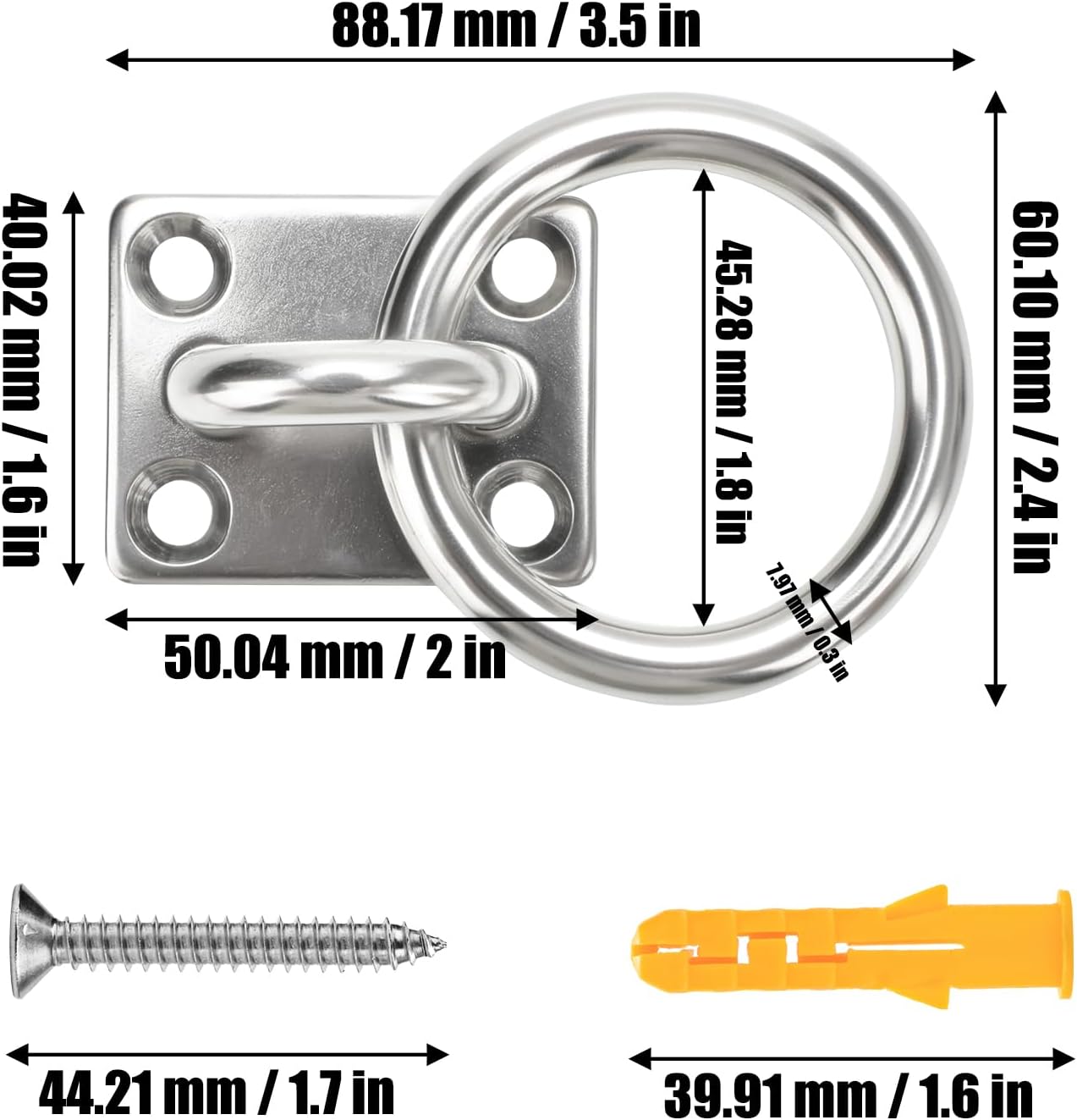 AccEncy 2Pcs M8 Stainless Steel Extra Large Heavy Duty Ring and Square Wall Mount Ceiling Indoor/Outdoor Hooks - Image 2