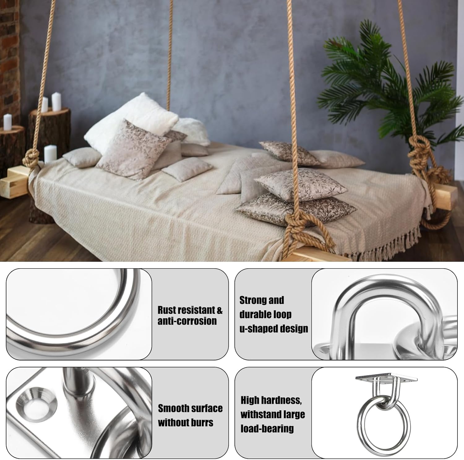 AccEncy 2Pcs M8 Stainless Steel Extra Large Heavy Duty Ring and Square Wall Mount Ceiling Indoor/Outdoor Hooks - Image 3