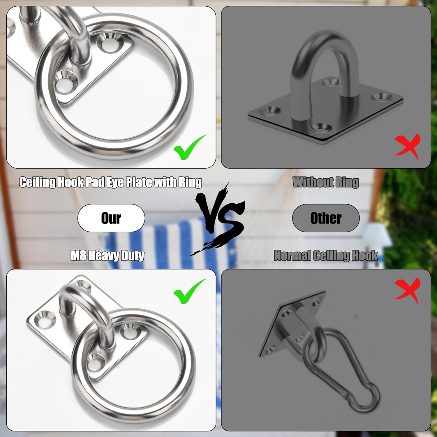 AccEncy 2Pcs M8 Stainless Steel Extra Large Heavy Duty Ring and Square Wall Mount Ceiling Indoor/Outdoor Hooks - Image 4