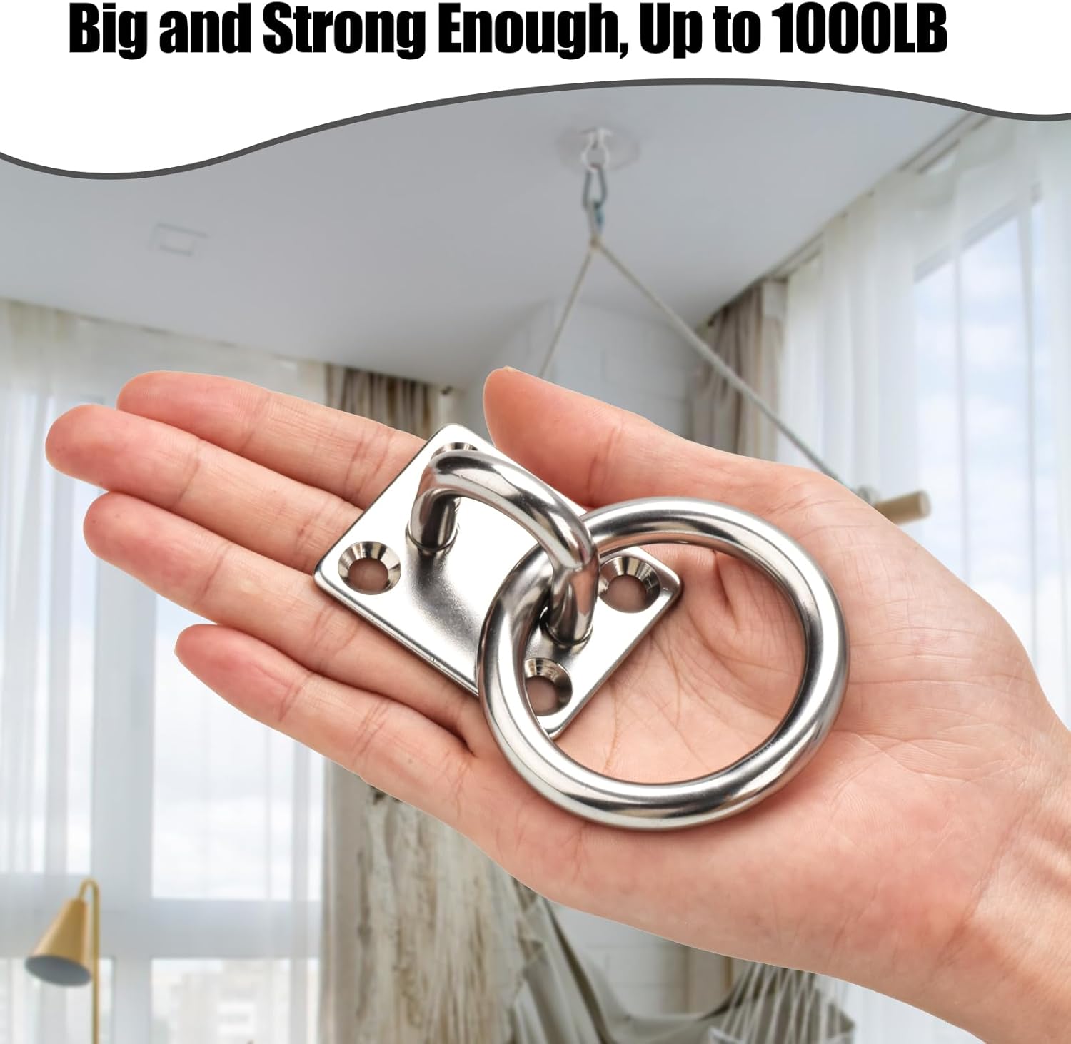 AccEncy 2Pcs M8 Stainless Steel Extra Large Heavy Duty Ring and Square Wall Mount Ceiling Indoor/Outdoor Hooks - Image 5