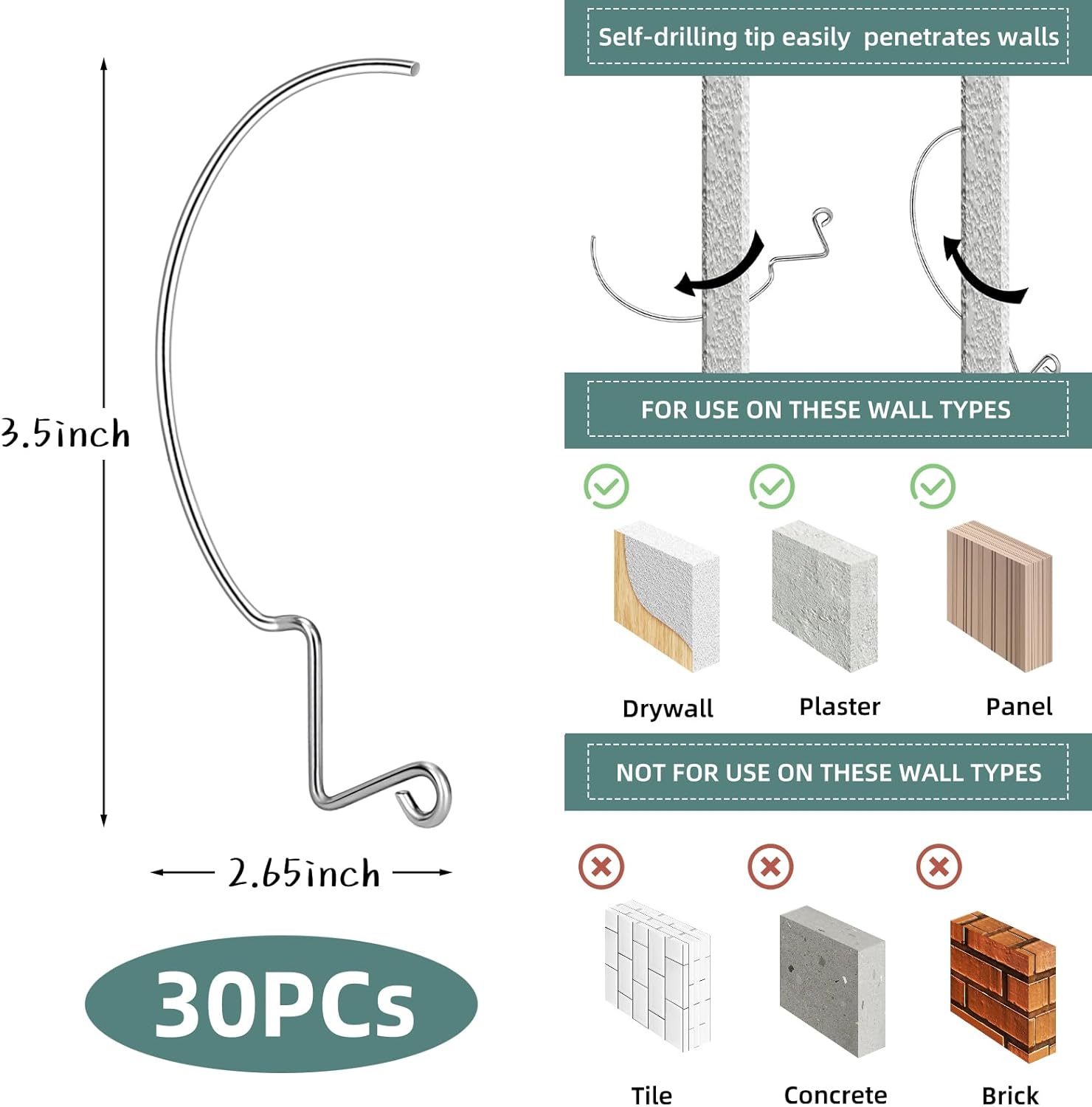 30Pcs Picture Hanger Hooks Super Hooks for Hanging Drywall Picture Hanging Hooks Heavy Duty Wall Hooks for Hanging Pictures, Photos, Frames, Planters, Art, Clock - Image 2