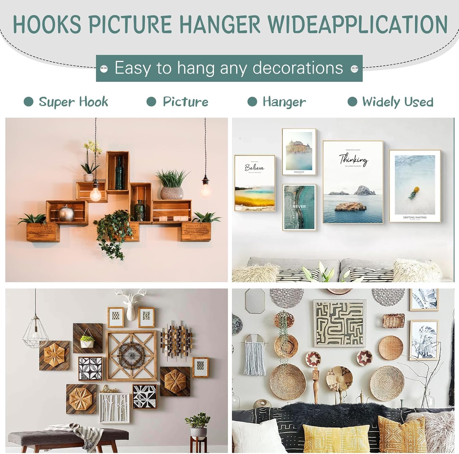 30Pcs Picture Hanger Hooks Super Hooks for Hanging Drywall Picture Hanging Hooks Heavy Duty Wall Hooks for Hanging Pictures, Photos, Frames, Planters, Art, Clock - Image 7