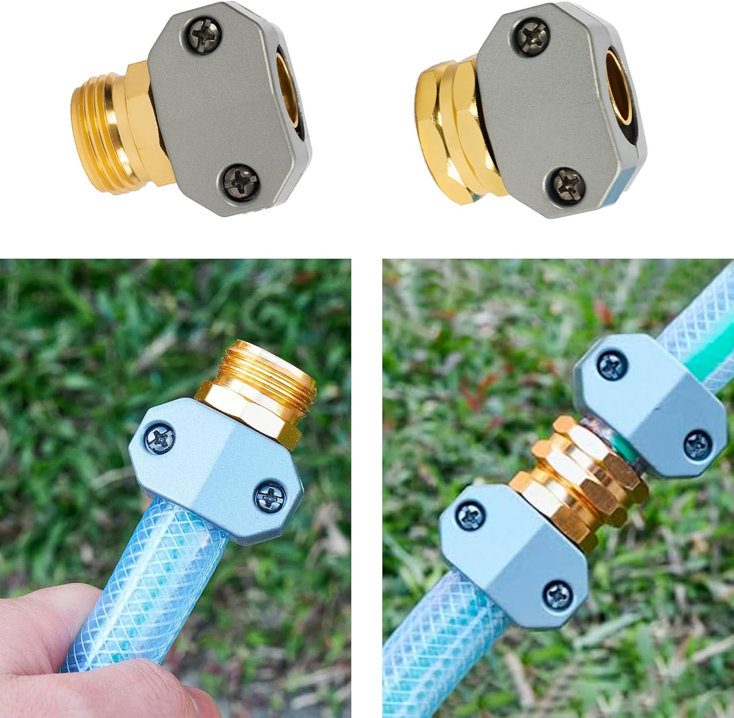 Garden Hose Repair Kit, 2 Sets Aluminum Alloy Garden Hose End Mender, Male and Female Water Hose Repair Fittings, Fit 5/8