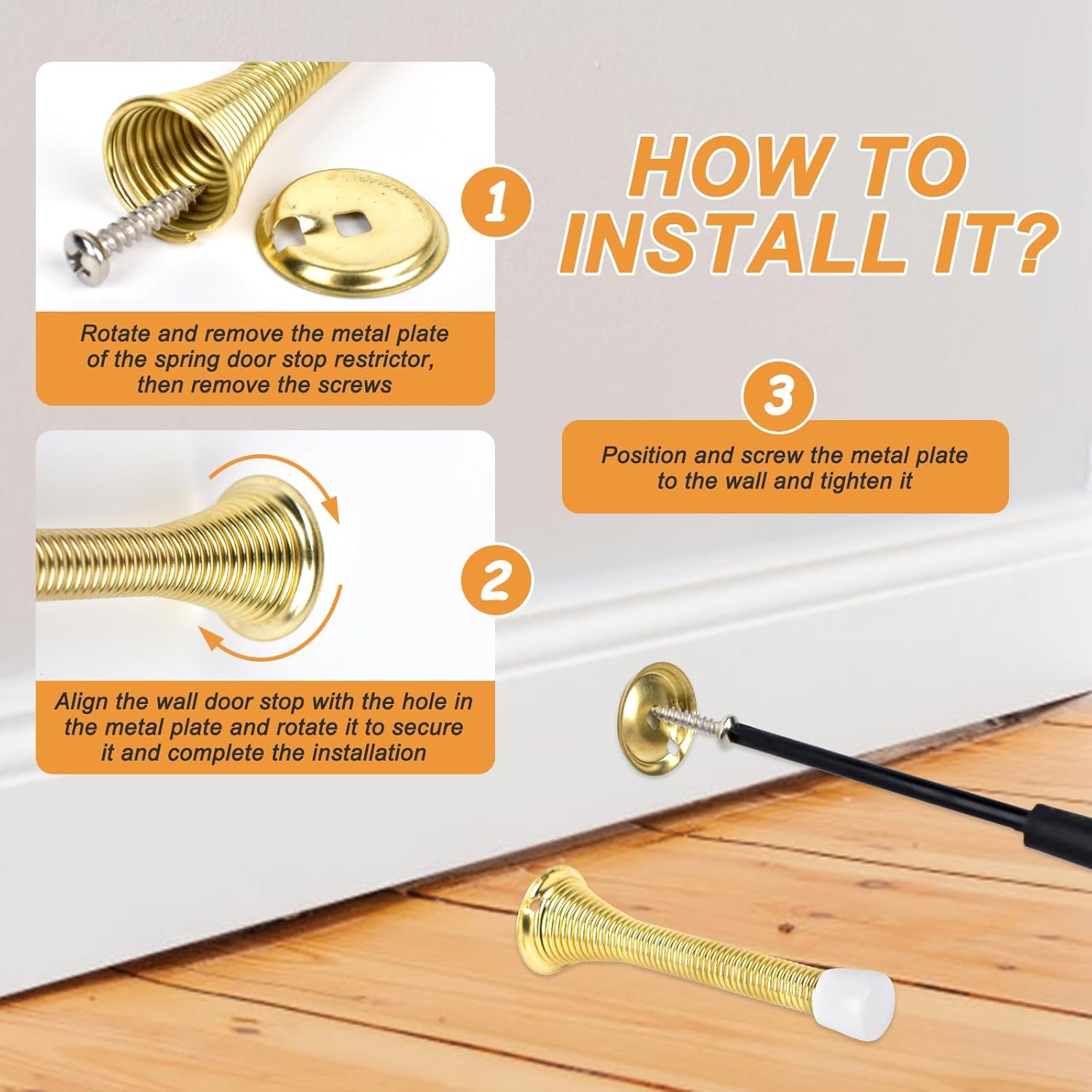 Spring Door Stoppers, 12 Pack Door Stops Wall Protector, Doorstops for Inside Door with 6 Rubber Bumper (Gold) - Image 3