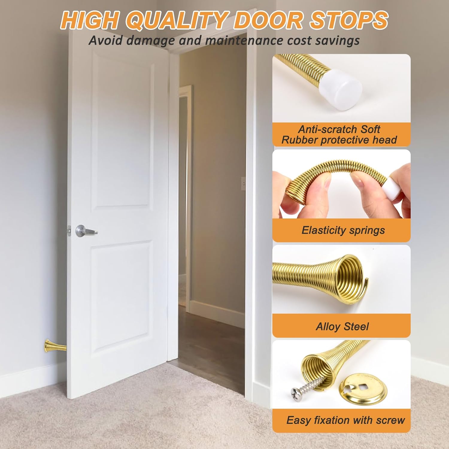 Spring Door Stoppers, 12 Pack Door Stops Wall Protector, Doorstops for Inside Door with 6 Rubber Bumper (Gold) - Image 5