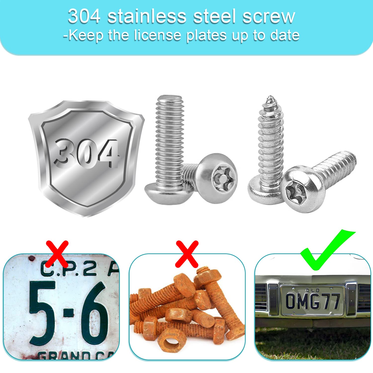 Anti Theft License Plate Screw Kit Tamper Proof License Screws Car License Plate Bolts 304 Stainless Steel Plate Mounting Hardware - 1/4’’ Screws with Chrome Screw Caps - Image 4