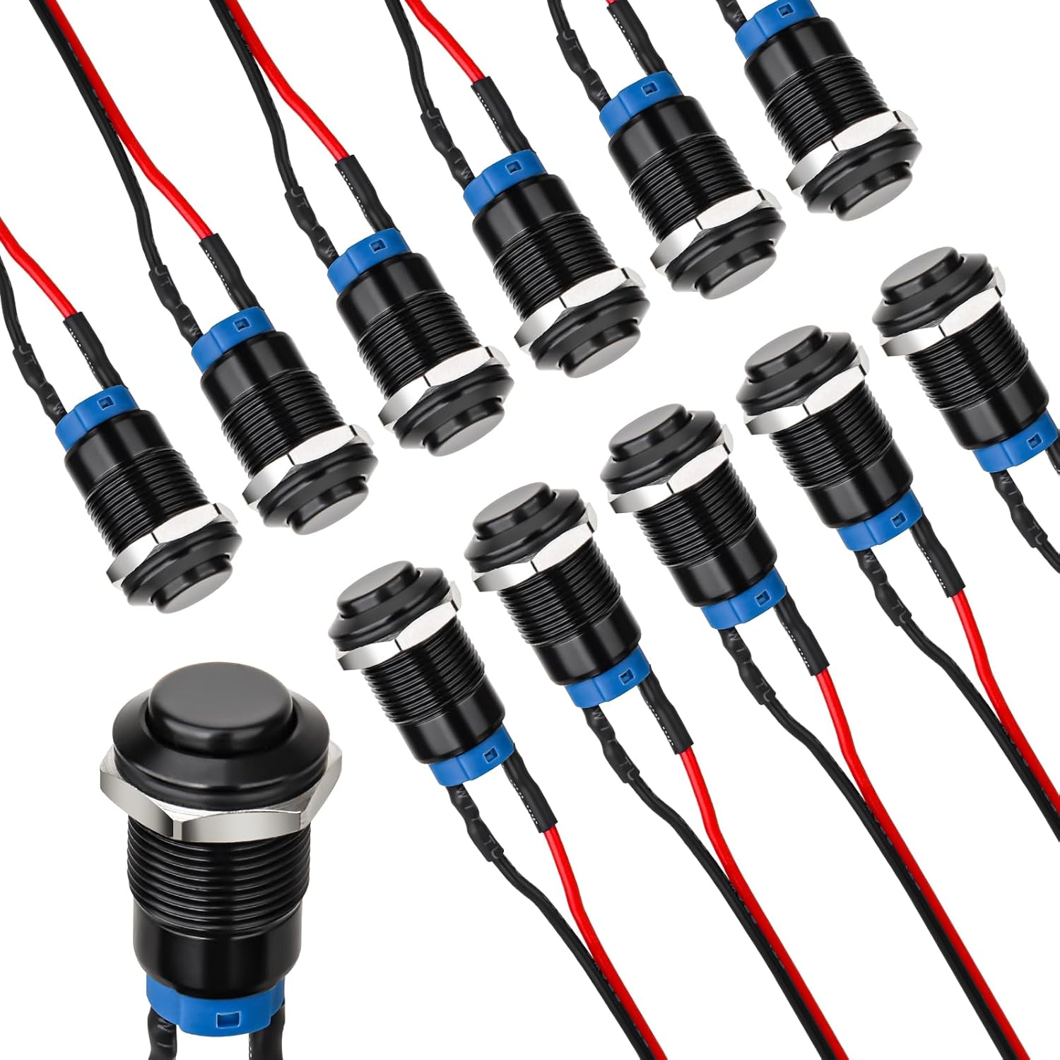 12mm Latching Push Button Switch - Raised Head, Normally Open ON - Off, with Pre - soldered Cable, Aluminium Alloy Shell, for 12V/24V/36V/110V, Waterproof IP66, Without LED (10PCS) - Image 1