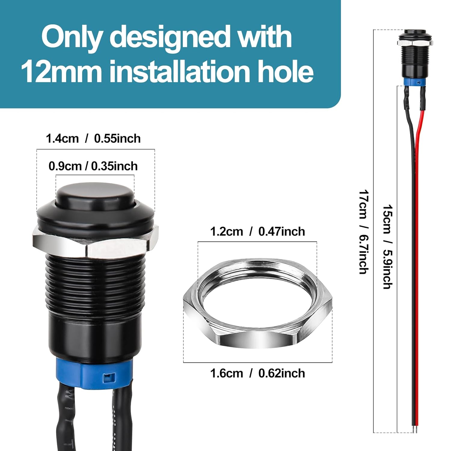12mm Latching Push Button Switch - Raised Head, Normally Open ON - Off, with Pre - soldered Cable, Aluminium Alloy Shell, for 12V/24V/36V/110V, Waterproof IP66, Without LED (10PCS) - Image 2