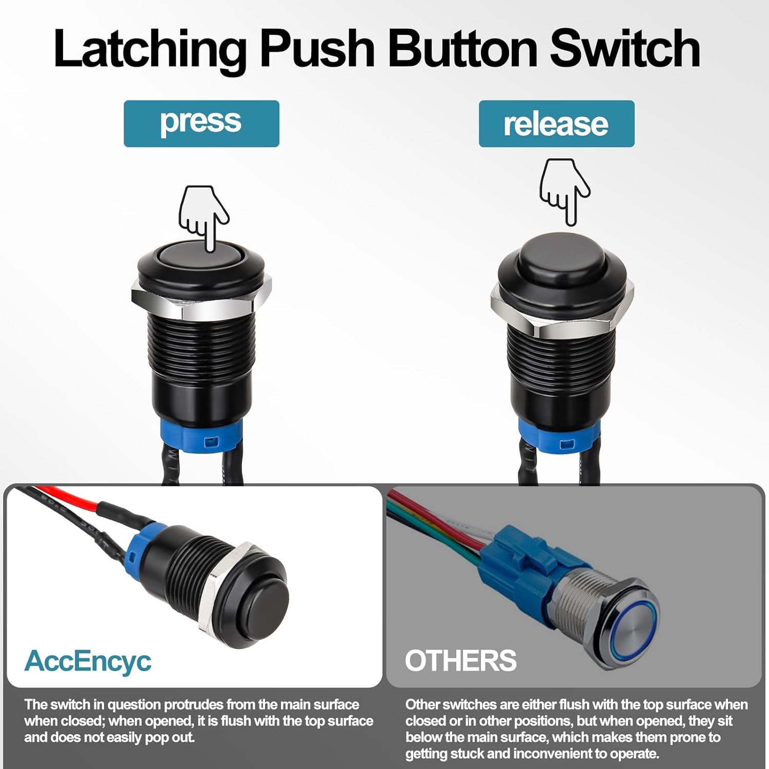 12mm Latching Push Button Switch - Raised Head, Normally Open ON - Off, with Pre - soldered Cable, Aluminium Alloy Shell, for 12V/24V/36V/110V, Waterproof IP66, Without LED (10PCS) - Image 3