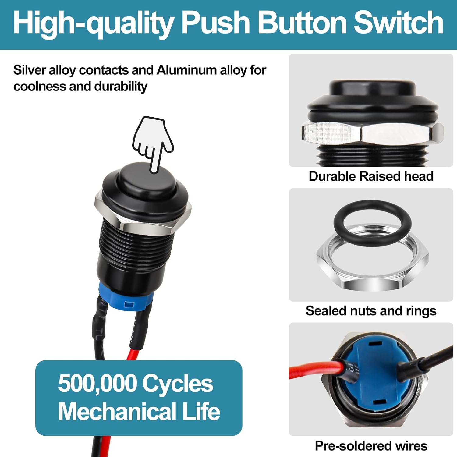 12mm Latching Push Button Switch - Raised Head, Normally Open ON - Off, with Pre - soldered Cable, Aluminium Alloy Shell, for 12V/24V/36V/110V, Waterproof IP66, Without LED (10PCS) - Image 5