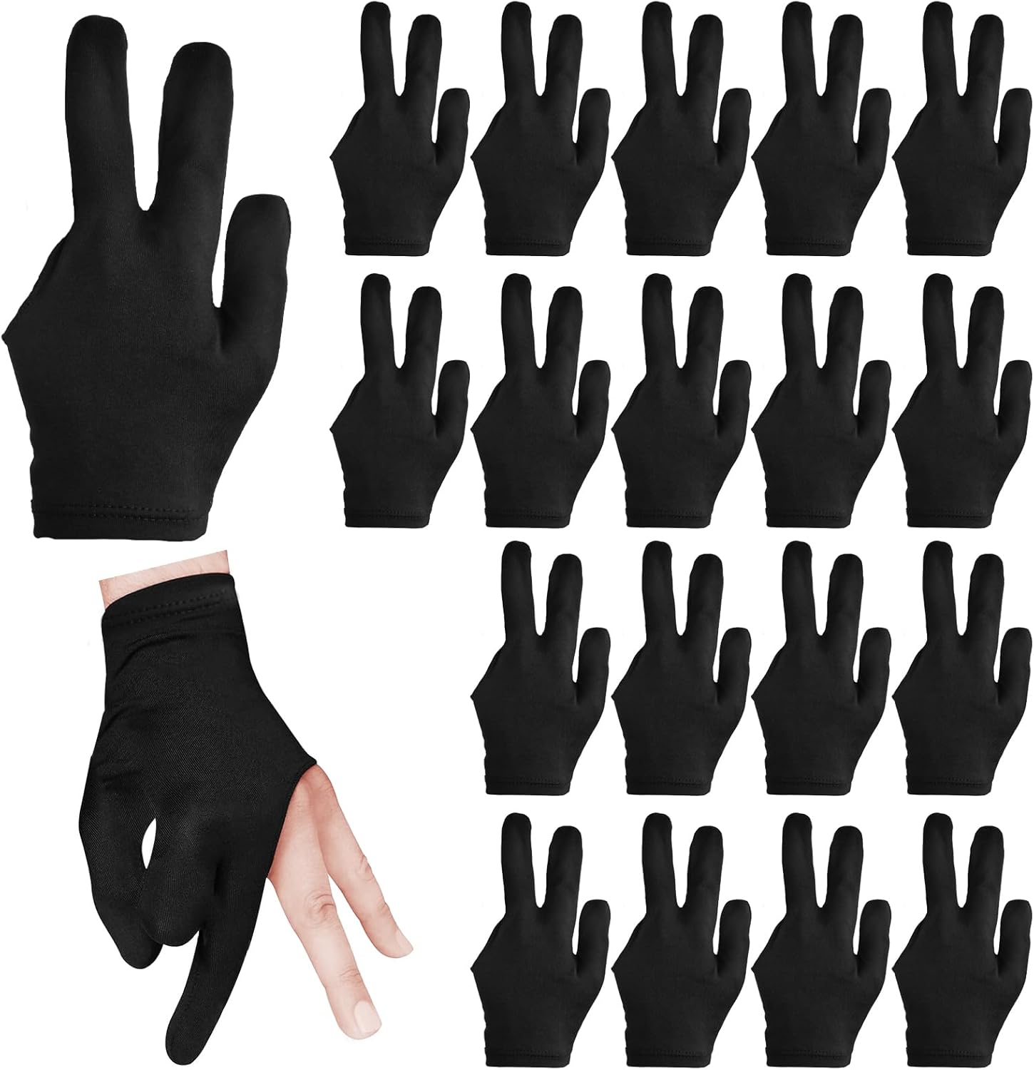 3 Fingers Pool Gloves 20Pcs Billiard Glove Universal Cue Sports Gloves Pool Left Right Hand Gloves Breathable Elastic Show Gloves Sport Gloves for Billiard Accessories, Black - Image 1