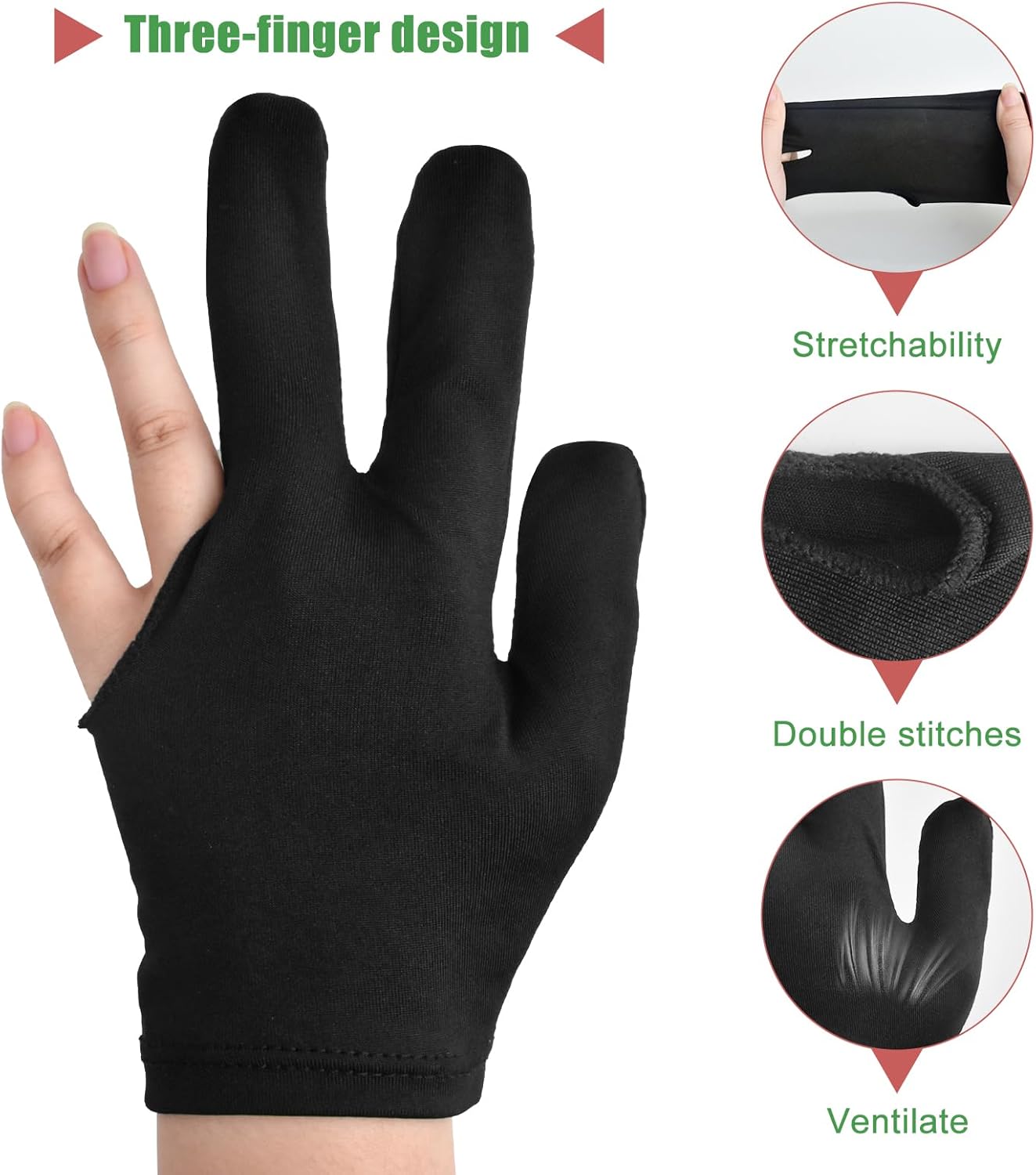 3 Fingers Pool Gloves 20Pcs Billiard Glove Universal Cue Sports Gloves Pool Left Right Hand Gloves Breathable Elastic Show Gloves Sport Gloves for Billiard Accessories, Black - Image 2
