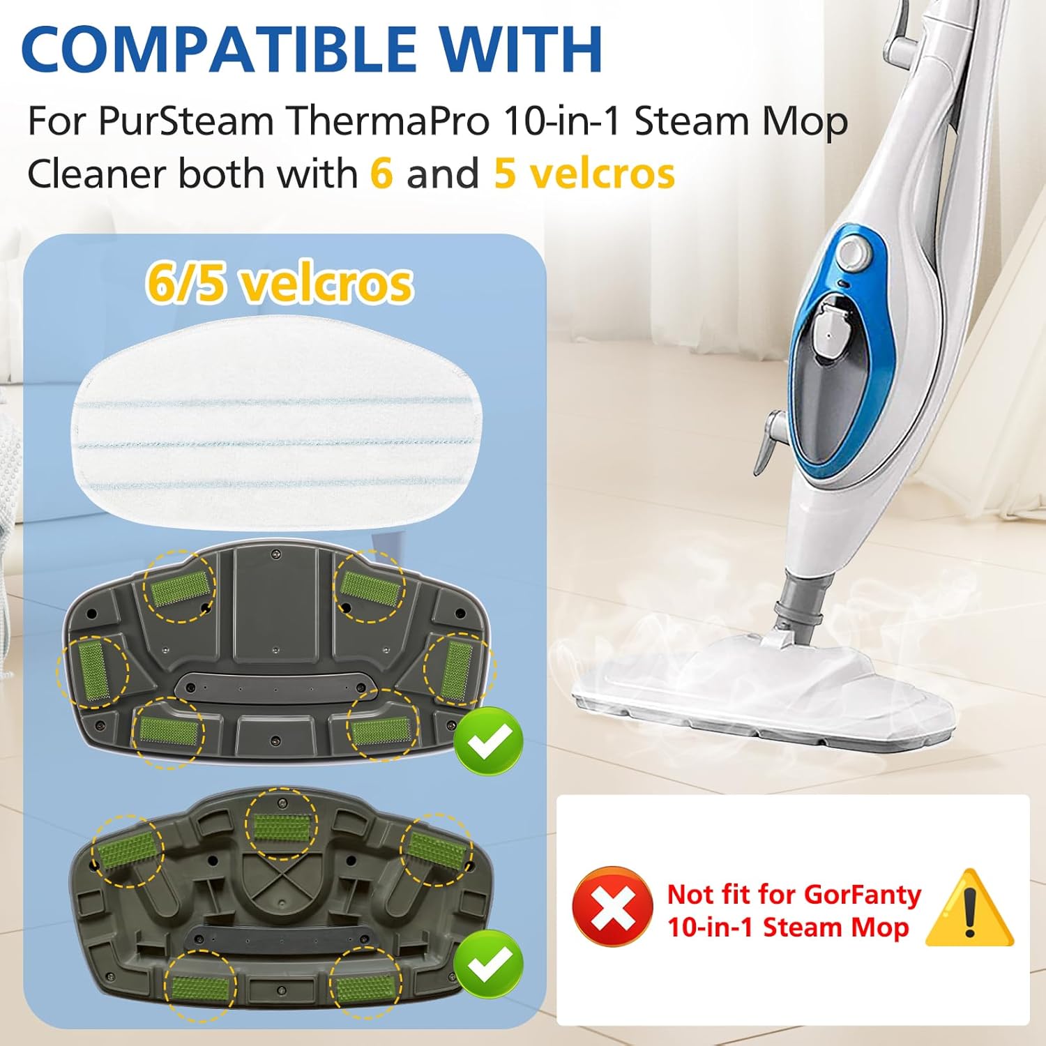 6 Pack Replacement Steam Mop Pads Compatible for PurSteam ThermaPro 10-in-1 - Image 2