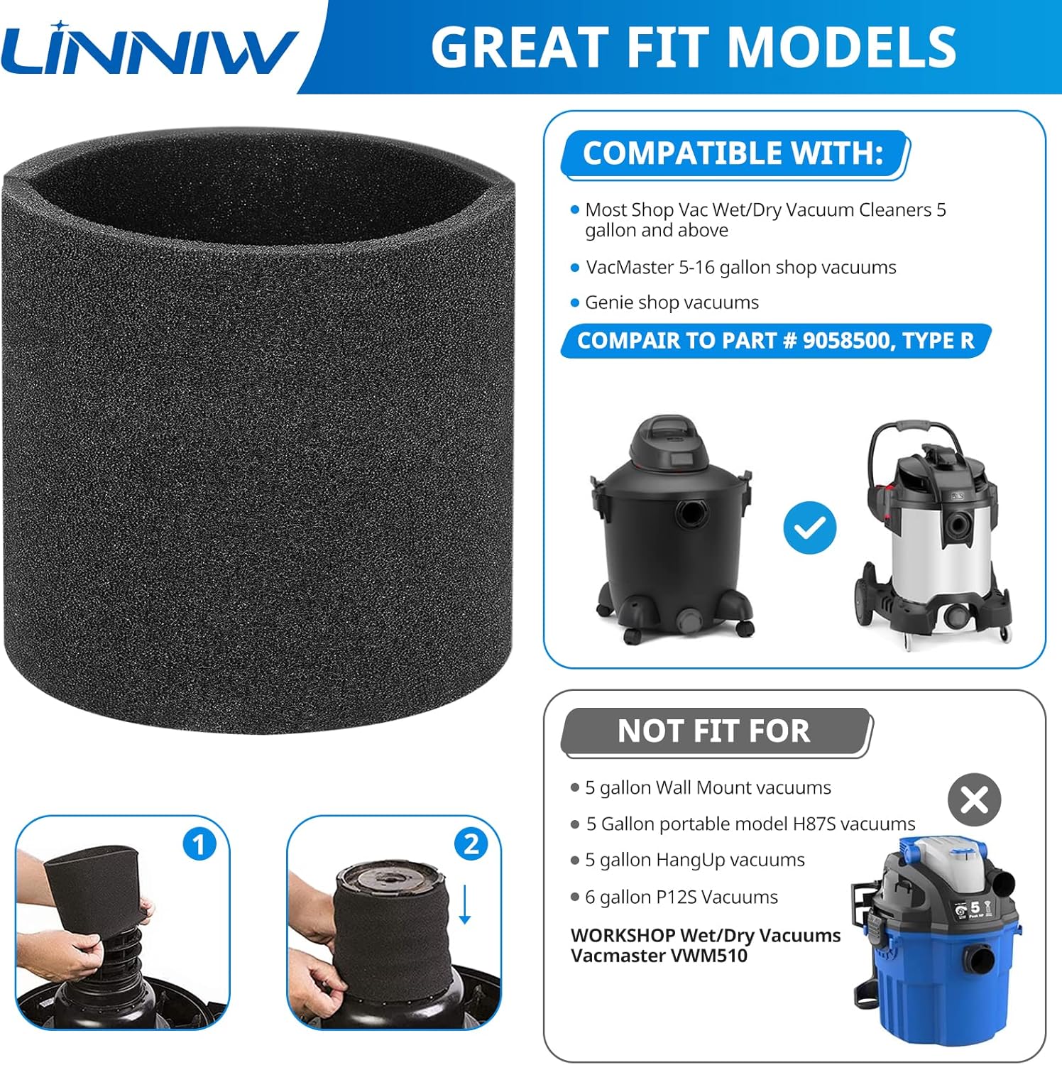 3 Pack 90585 Foam Sleeve VF2001 Foam Replacements Filters Compatible with Most Shop-Vac Wet/Dry Vacuum Cleaners 5 Gall and Above, Vacmaster & Genie Shop Vacuum Cleaner, Replace Parts # 9058500 - Image 4