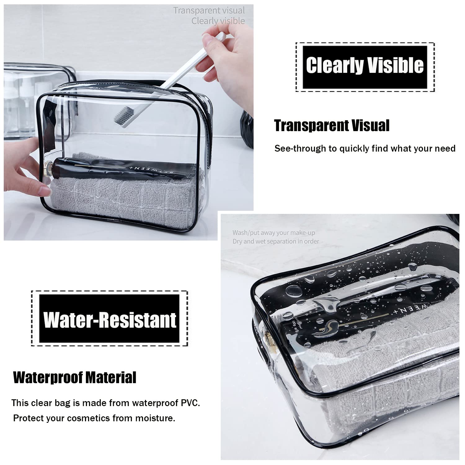 MODENGKGJIAN TSA Approved Toiletry Bag, 3 Pcs Clear Toiletries Bags Quart Size Travel Makeup Cosmetic Bag for Women Men, Carry  Airport Airline Compliant Bag (Black) - Image 4