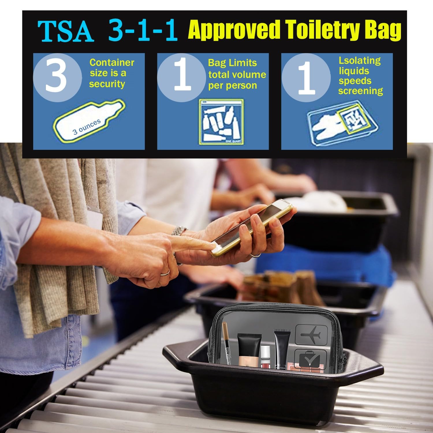 MODENGKGJIAN TSA Approved Toiletry Bag, 3 Pcs Clear Toiletries Bags Quart Size Travel Makeup Cosmetic Bag for Women Men, Carry  Airport Airline Compliant Bag (Black) - Image 6
