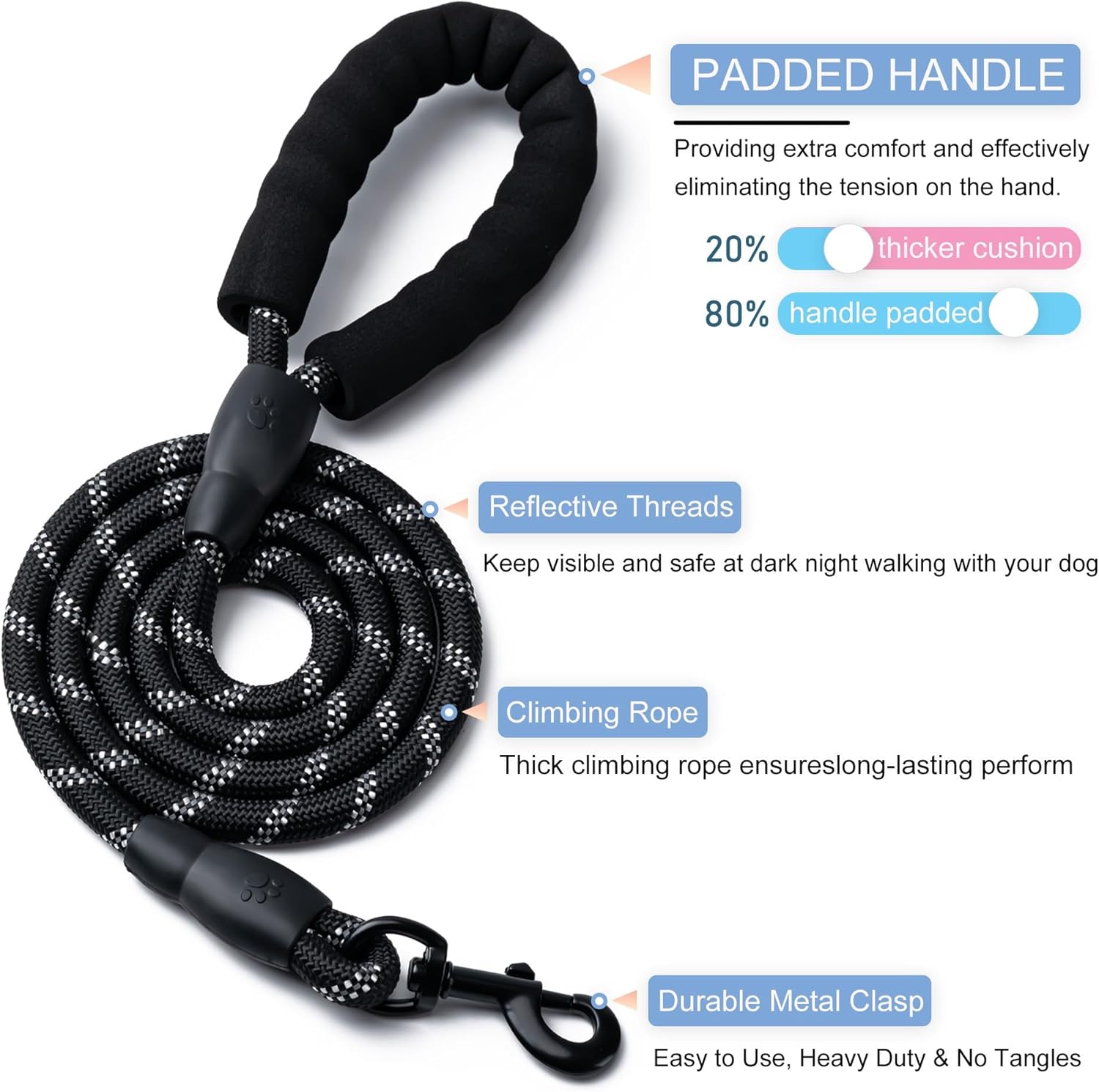 2 Pack Dog Leash, 4/5//6 FT Heavy Duty Nyl Rope Pet Leashes with Comfortable Padded Handle, Reflective Dog Leashes for Small Medium and Large Dogs (5FT-1/2,Black/Black) - Image 2