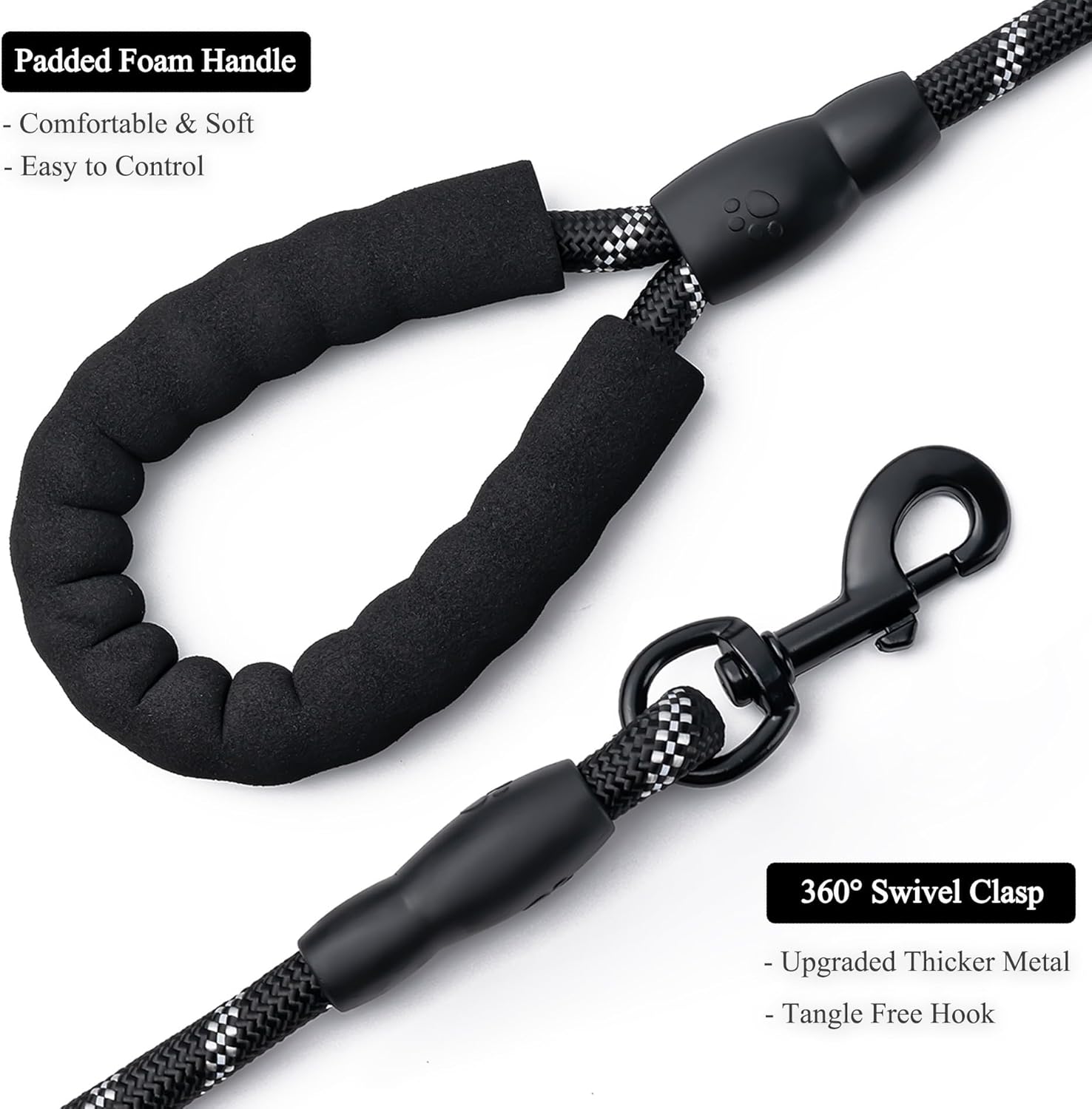 2 Pack Dog Leash, 4/5//6 FT Heavy Duty Nyl Rope Pet Leashes with Comfortable Padded Handle, Reflective Dog Leashes for Small Medium and Large Dogs (5FT-1/2,Black/Black) - Image 3