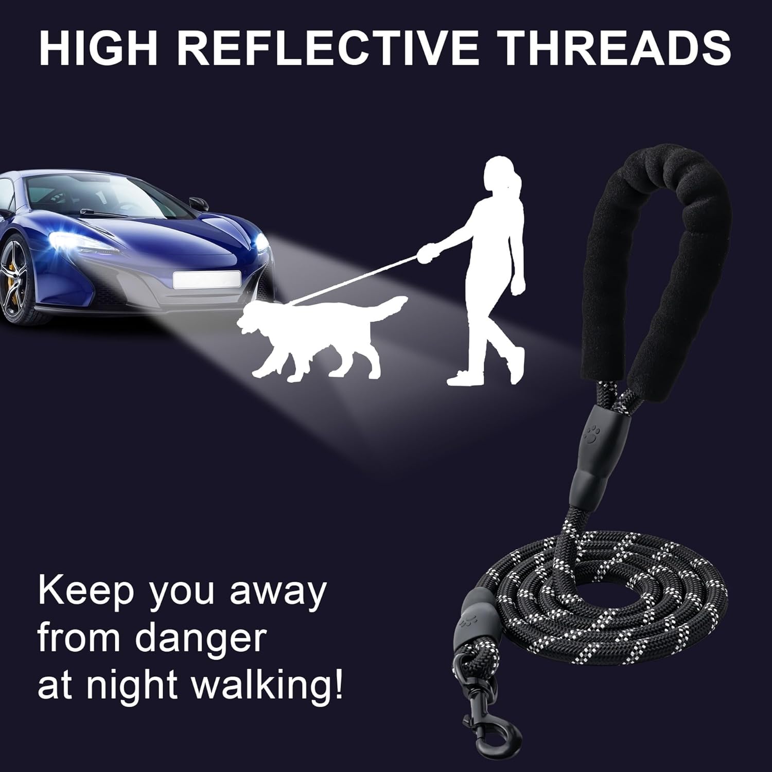 2 Pack Dog Leash, 4/5//6 FT Heavy Duty Nyl Rope Pet Leashes with Comfortable Padded Handle, Reflective Dog Leashes for Small Medium and Large Dogs (5FT-1/2,Black/Black) - Image 4